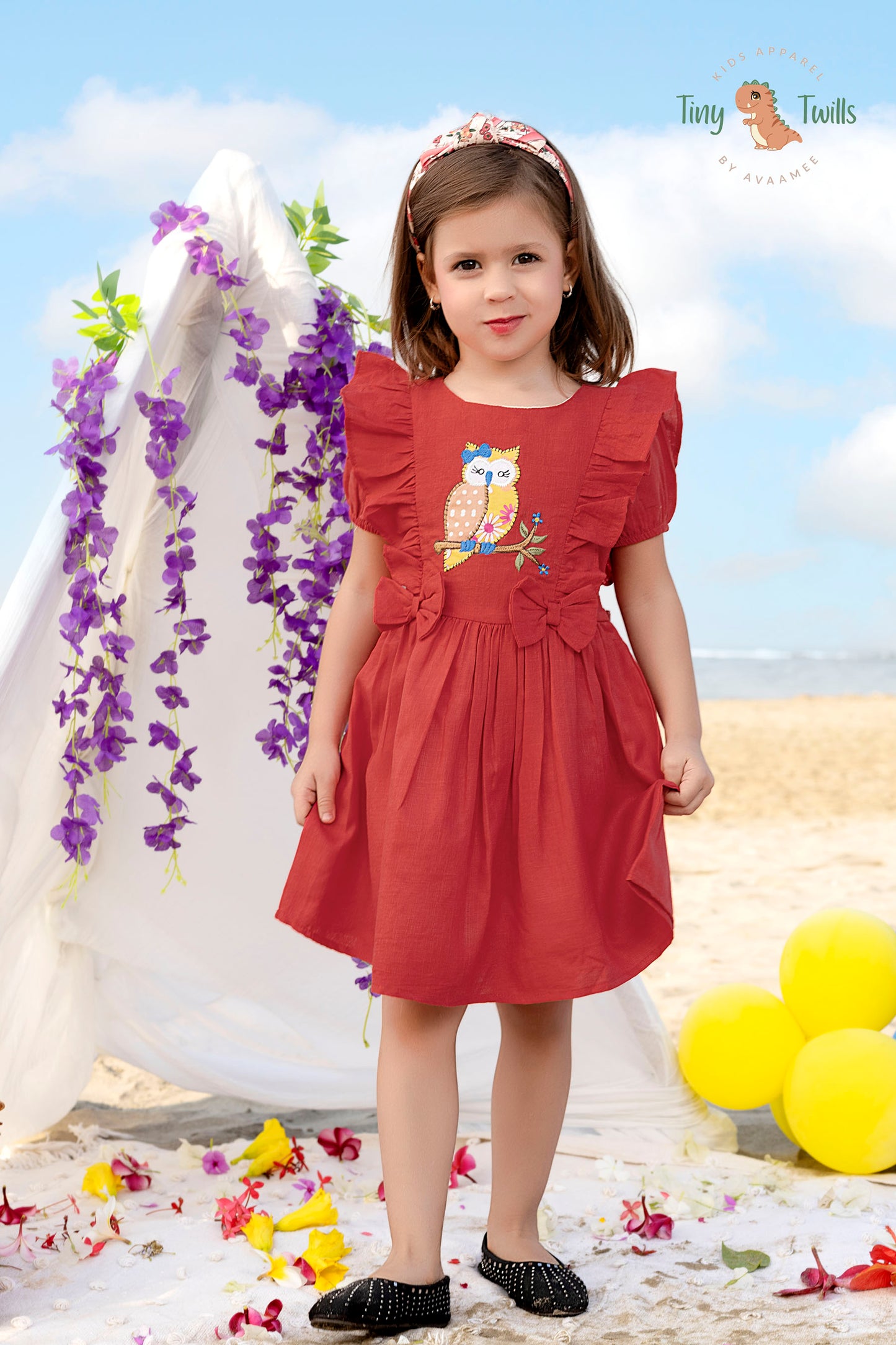 Owl Aplique Embroidered Frock  - Orange & Red