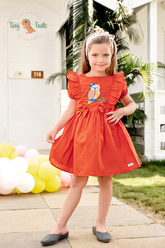 Owl Aplique Embroidered Frock  - Orange & Red