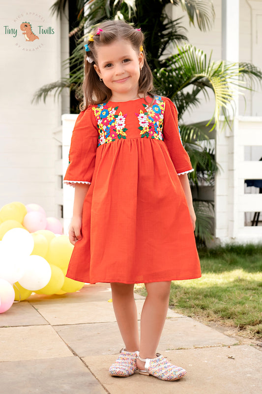 Flower EmbroideredFrock With Flower Lace On Sleeves - Hot Pink & Orange