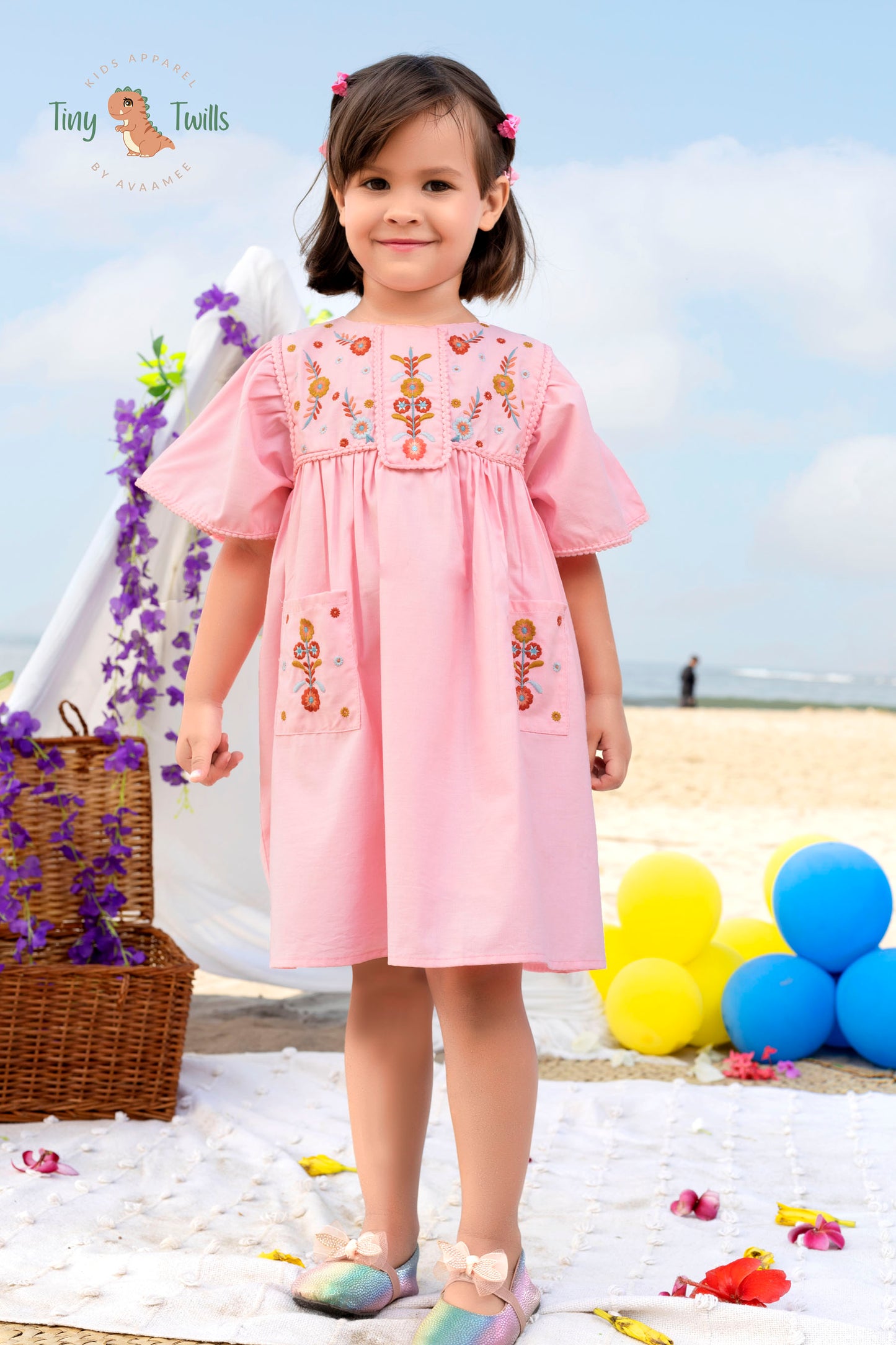 Embroidered Frock With Lace Detailing On Yoke, Sleeves & Pockets  - Pink & Yellow