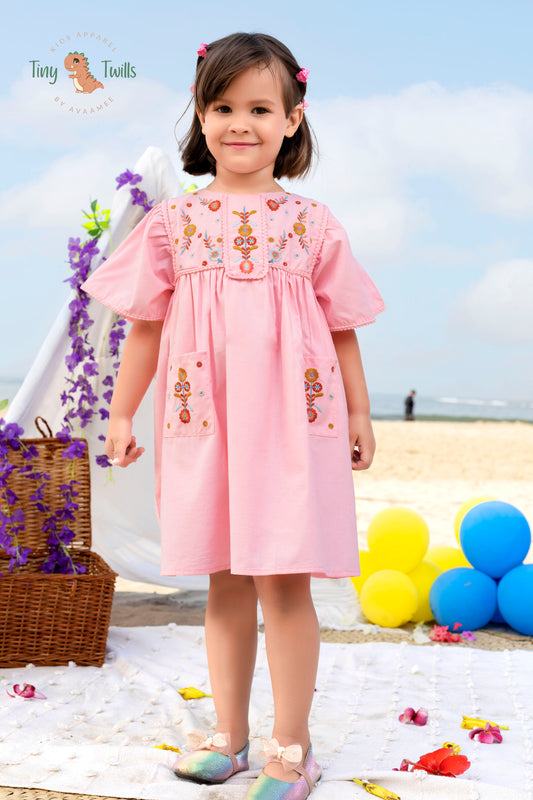 Embroidered Frock With Lace Detailing On Yoke, Sleeves & Pockets  - Pink & Yellow