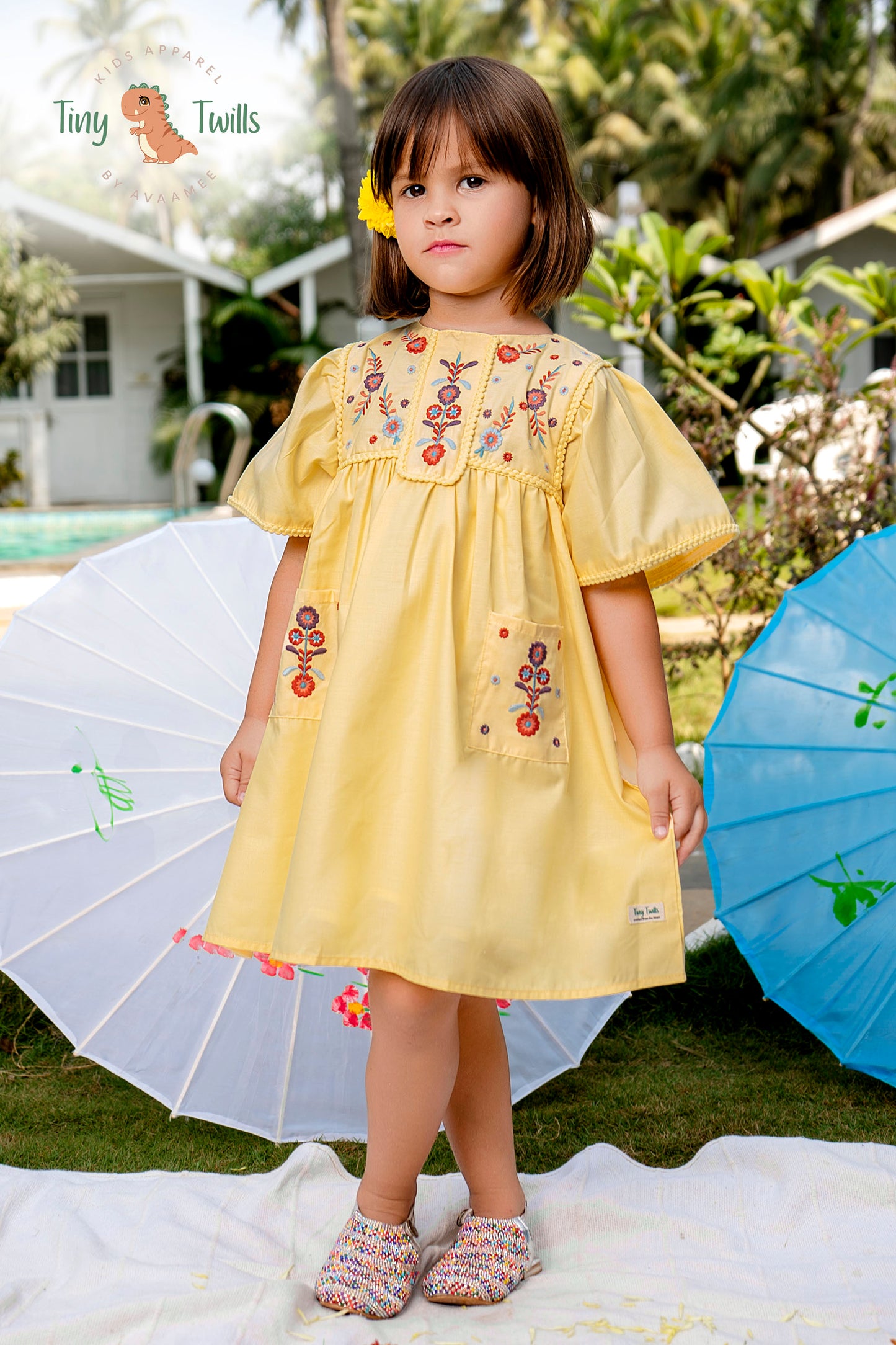 Embroidered Frock With Lace Detailing On Yoke, Sleeves & Pockets  - Pink & Yellow