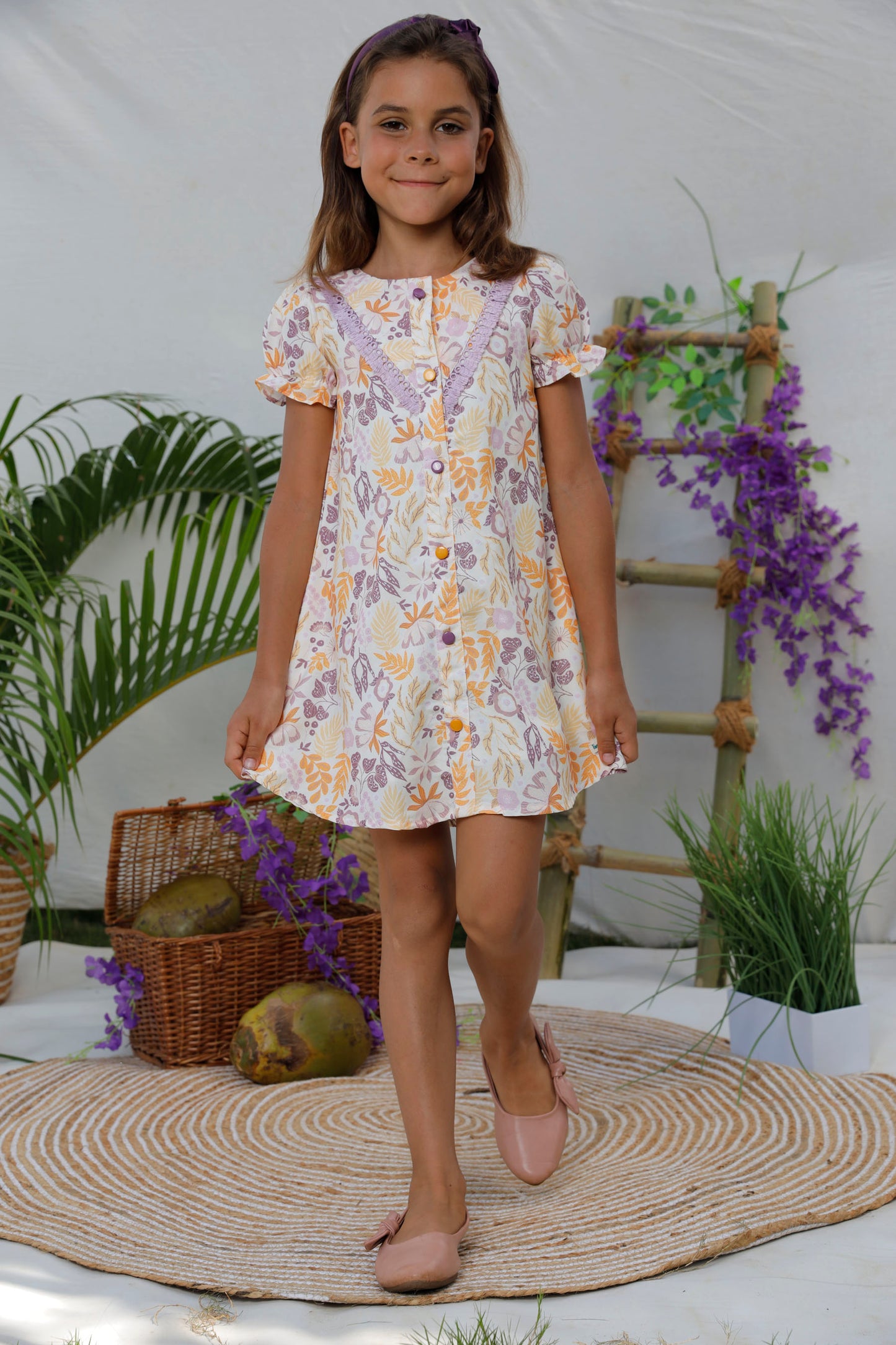 Floral Printed A Line Frock With Colorful Buttons - Lavender & Peach