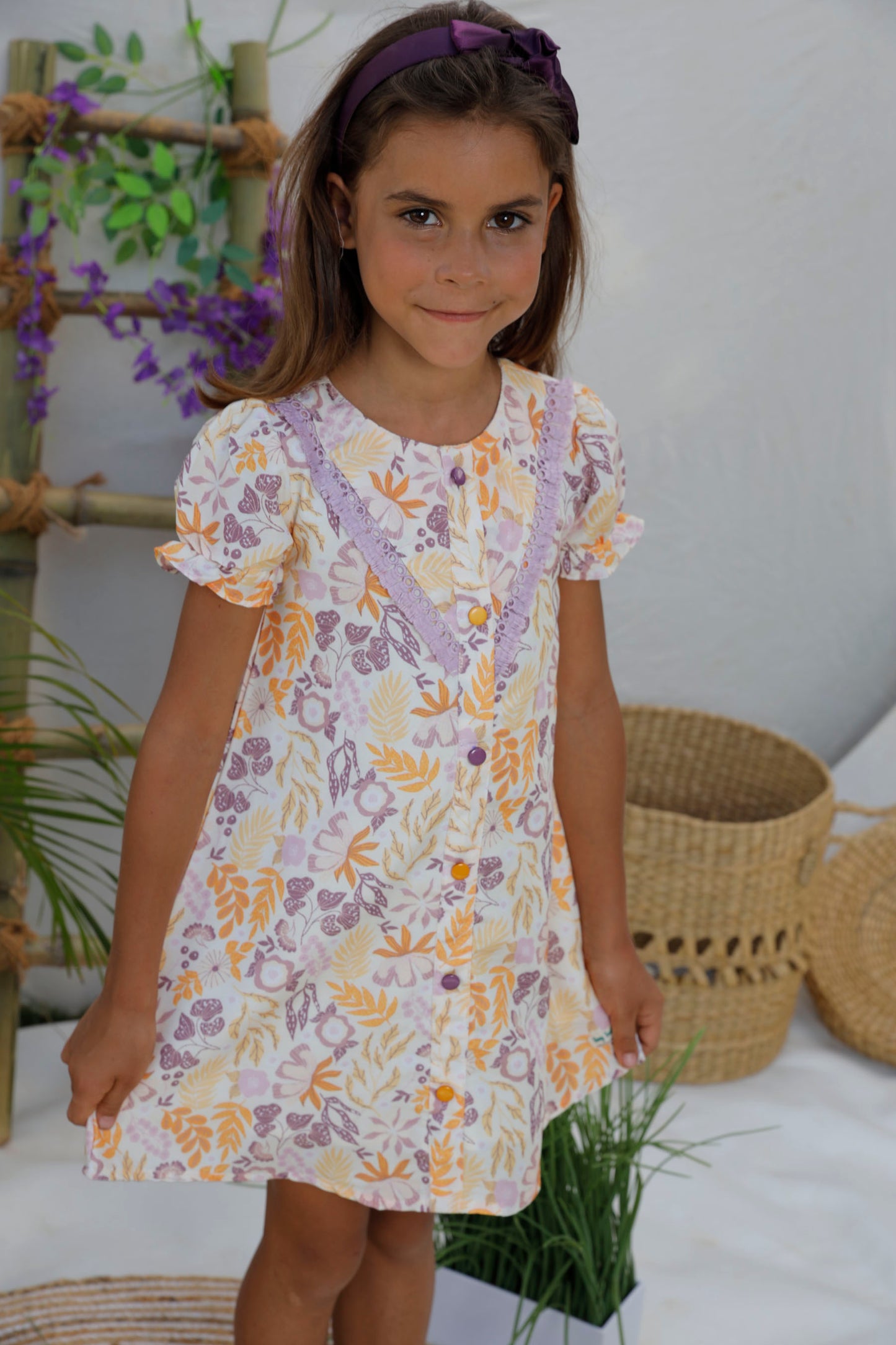 Floral Printed A Line Frock With Colorful Buttons - Lavender & Peach