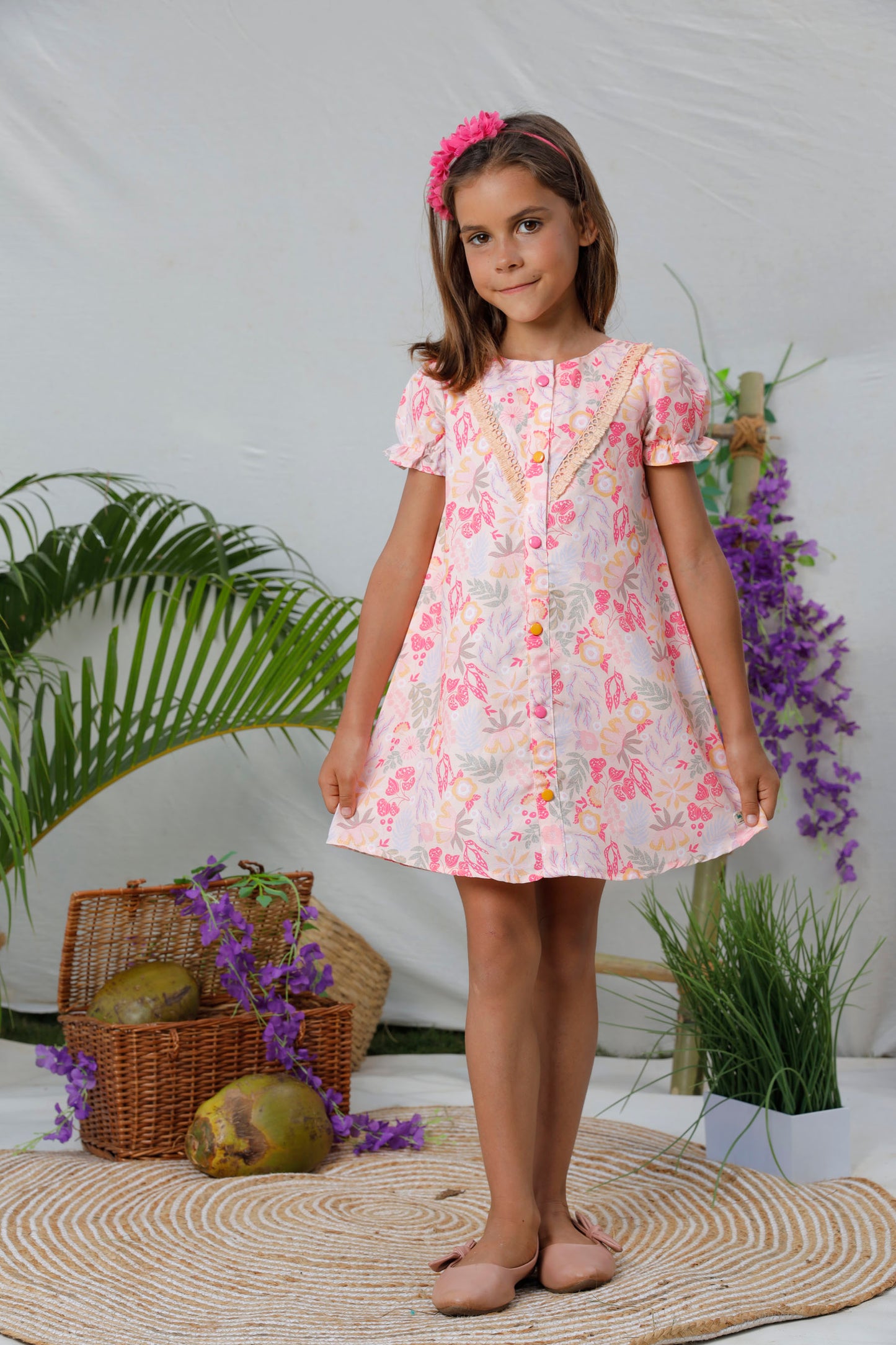 Floral Printed A Line Frock With Colorful Buttons - Lavender & Peach