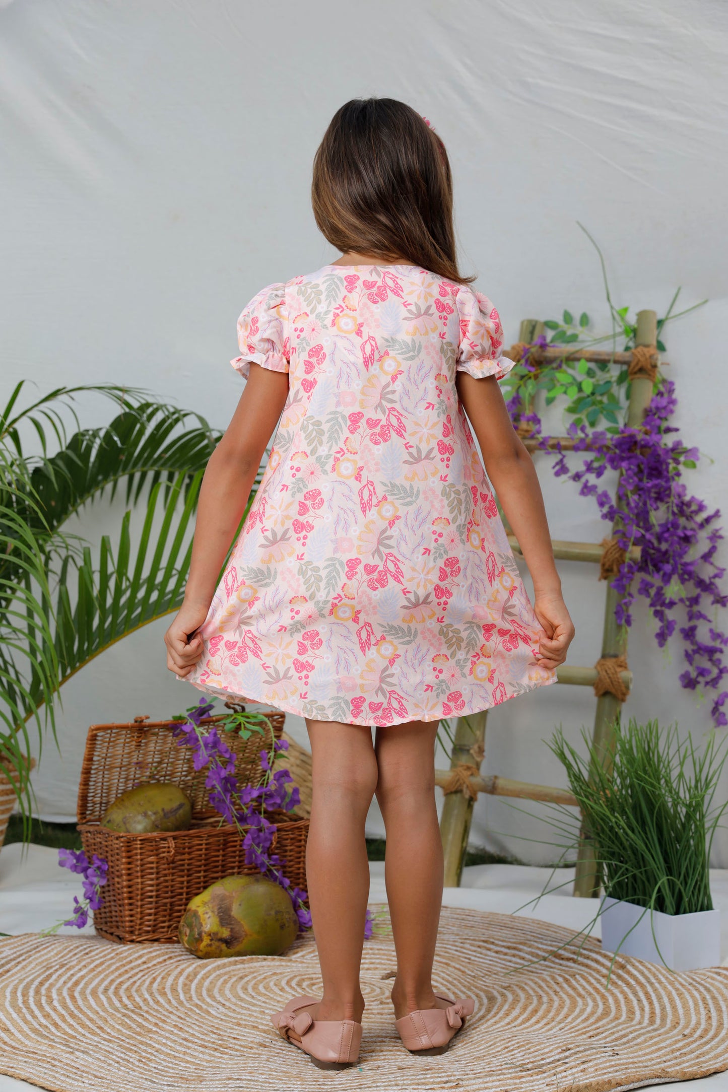 Floral Printed A Line Frock With Colorful Buttons - Lavender & Peach