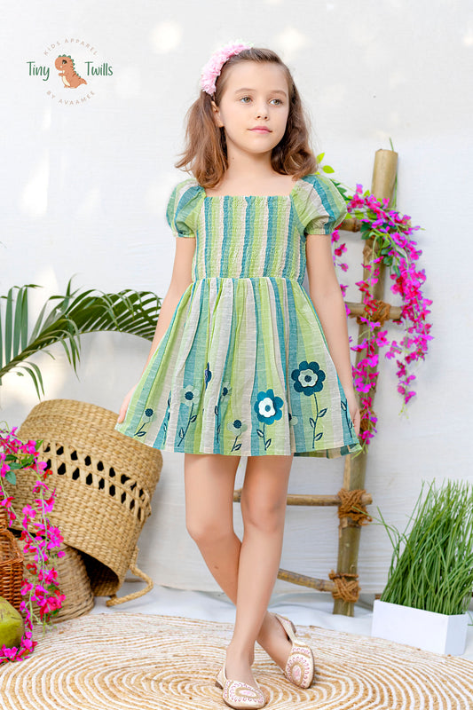 Striped Print Frock With Aplique Embroidery On Flare & Smocking On Body  - Green & Orange