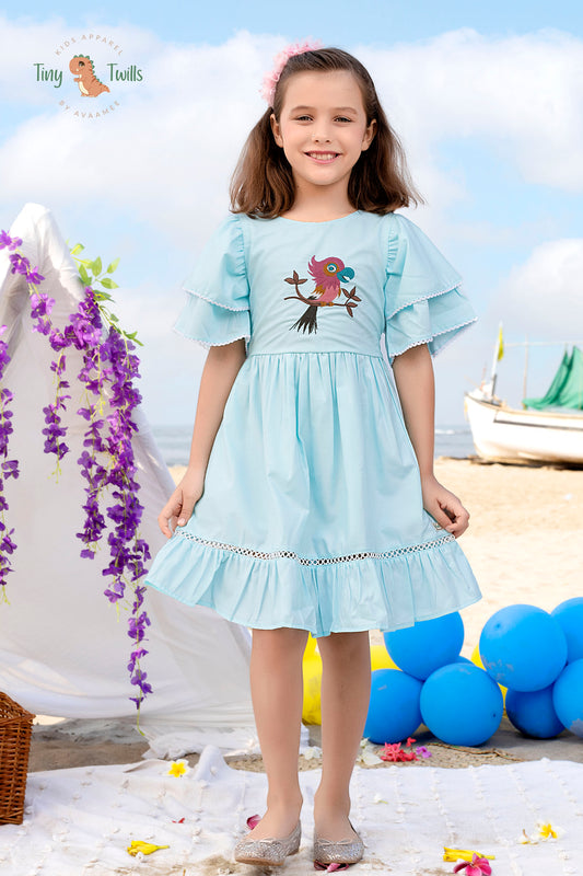 Globe Embroidered Frock With Double Layered Sleeves - Aqua Blue & Yellow