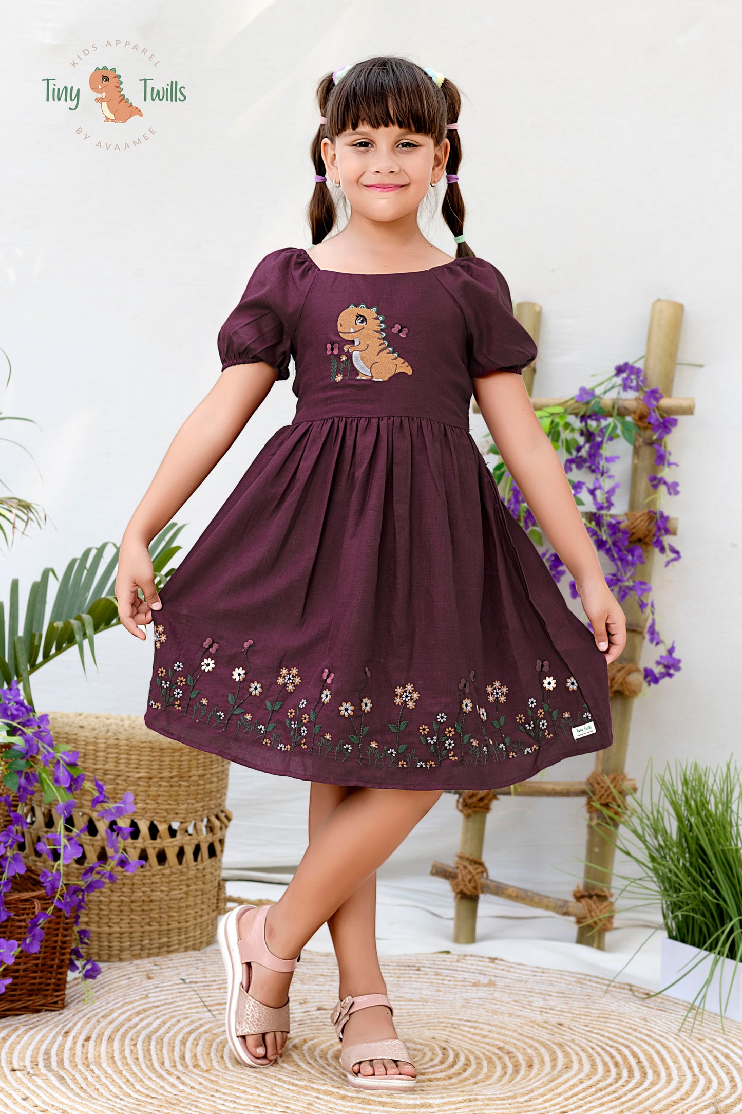 Fit & FlaredFrock With Dino Embroidered Yoke & Floral Embroidery In Flare  - Green & Maroon