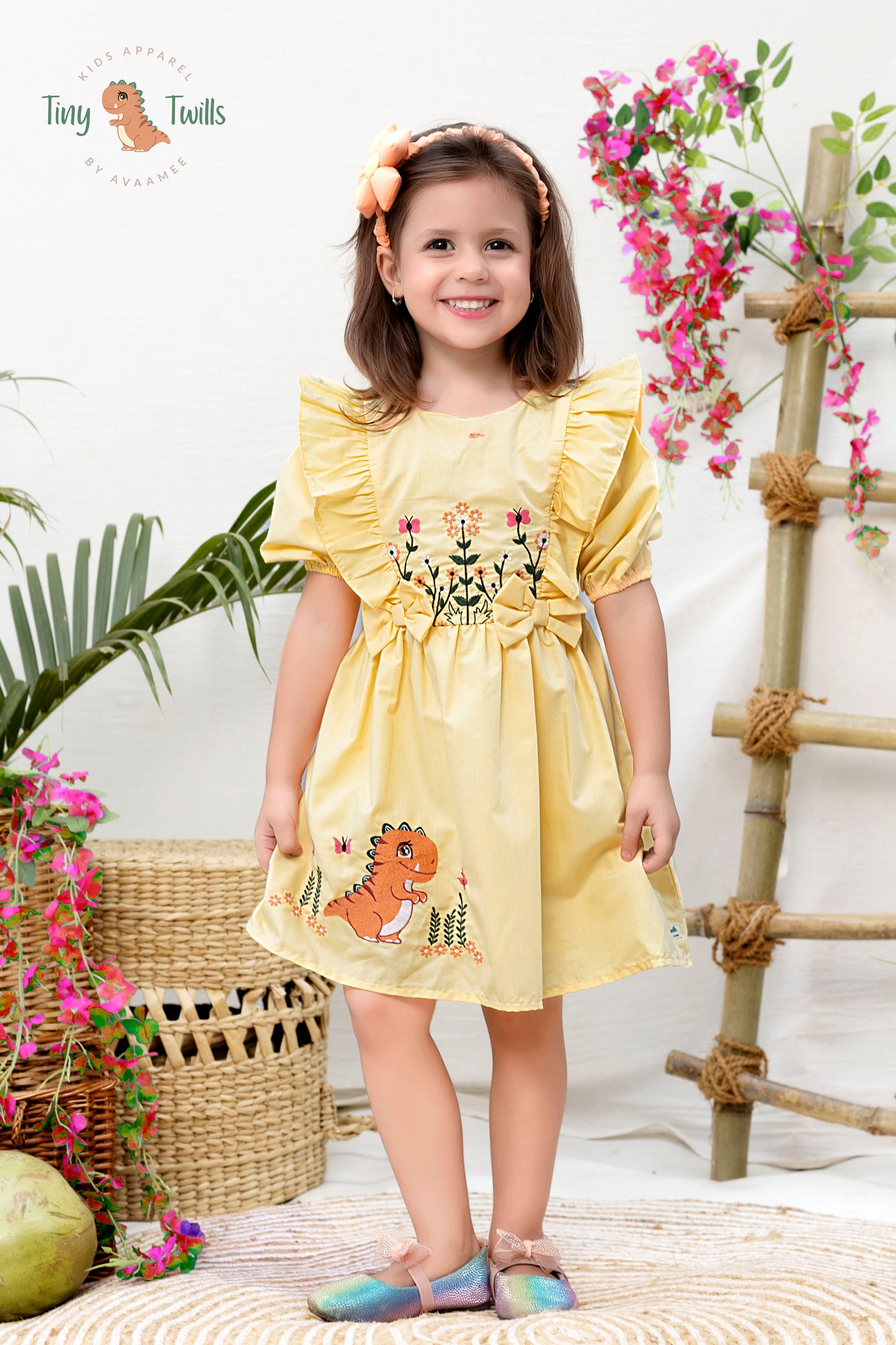 Floral Embroidered Frock With Dino Embroidery On Flare  - Yellow & Green