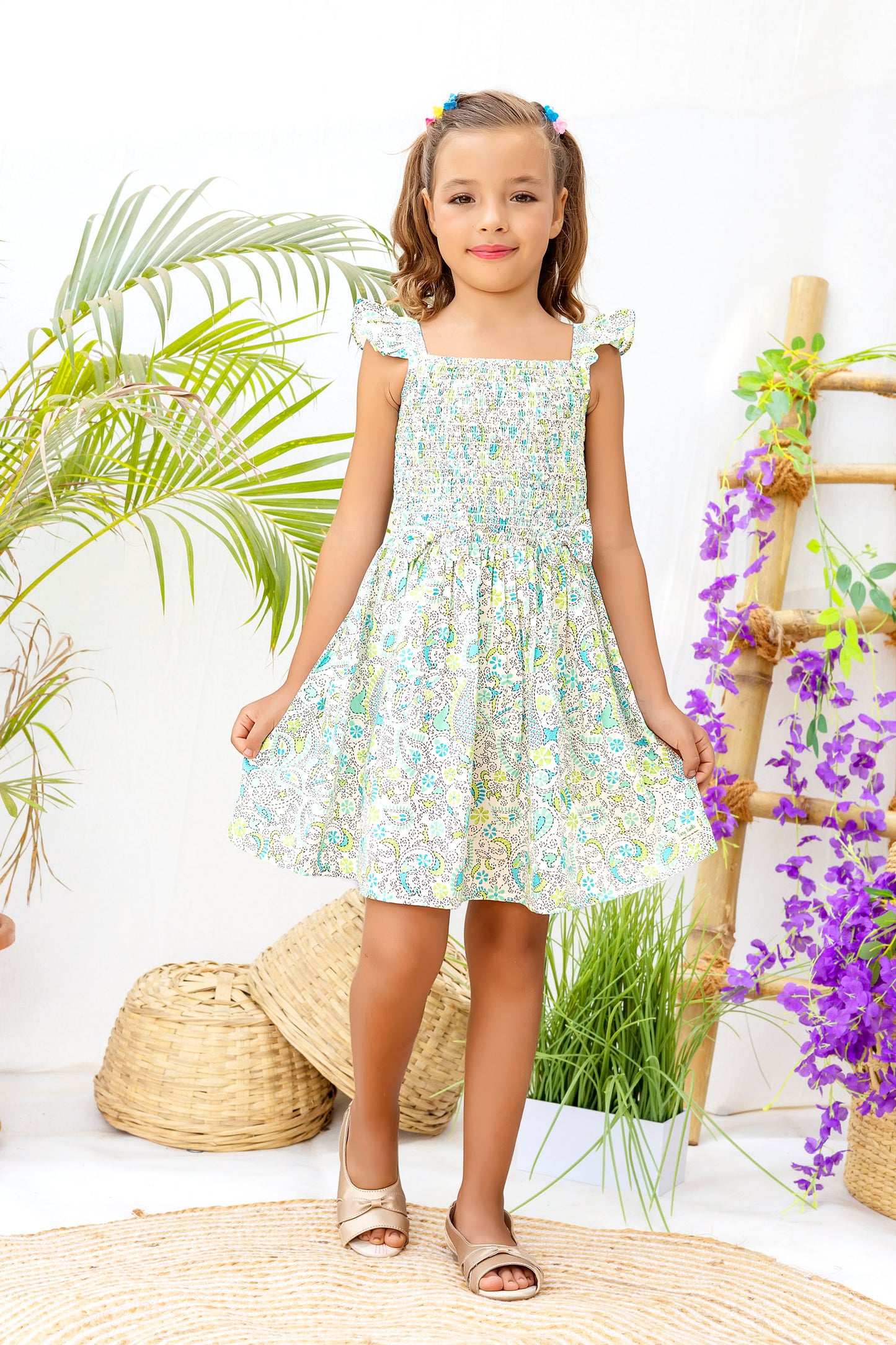 Tiny Twills Kantha Printed Smocked Girls Wear Dress