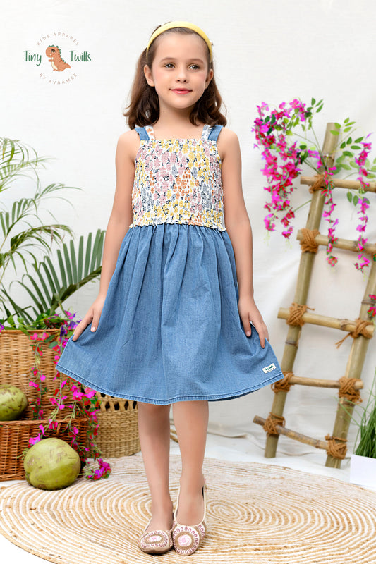 Floral Printed Smocked Yoke Paired With Denim  - Yellow & Blue