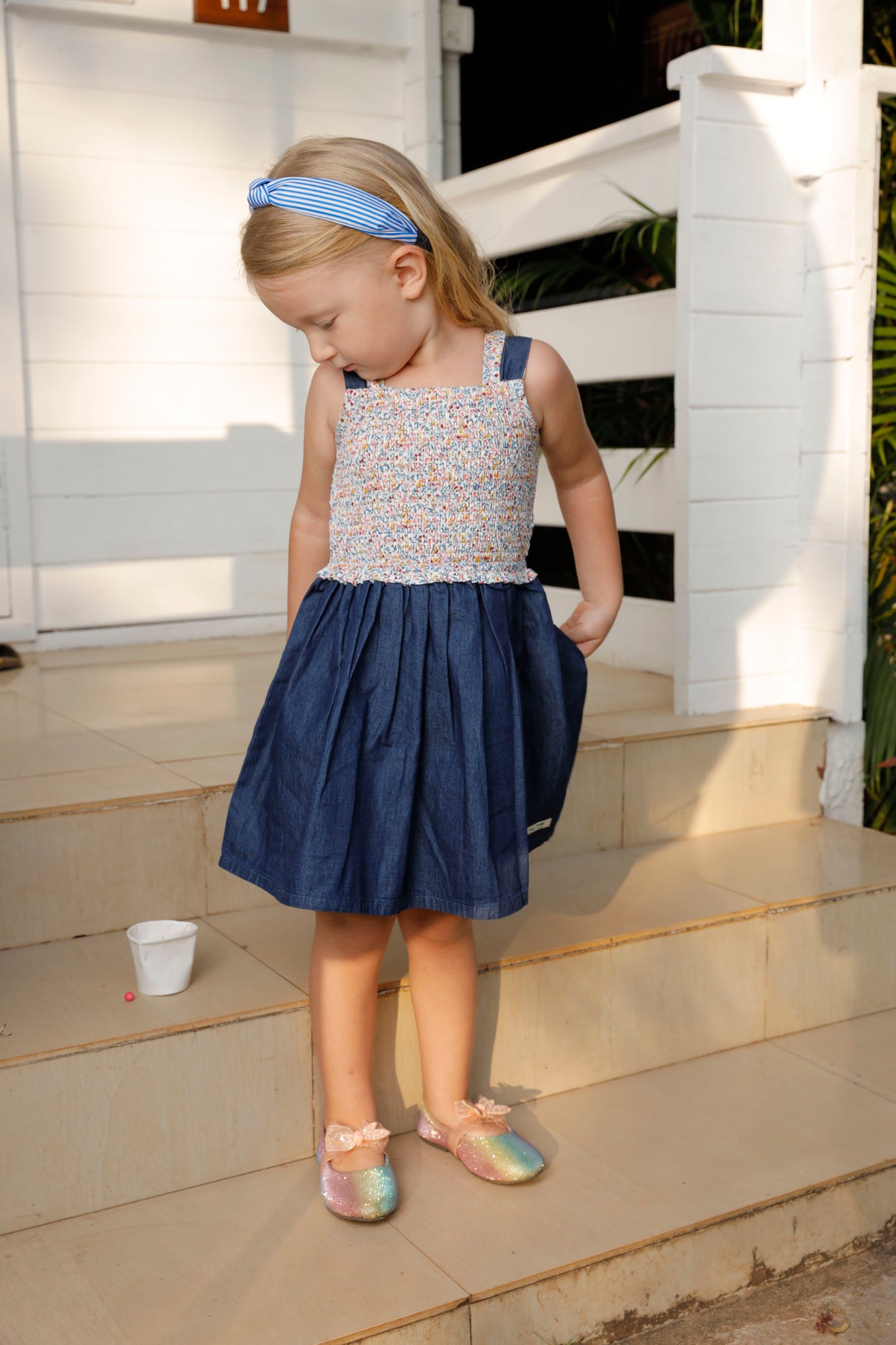 Floral Printed Smocked Yoke Paired With Denim  - White & Blue