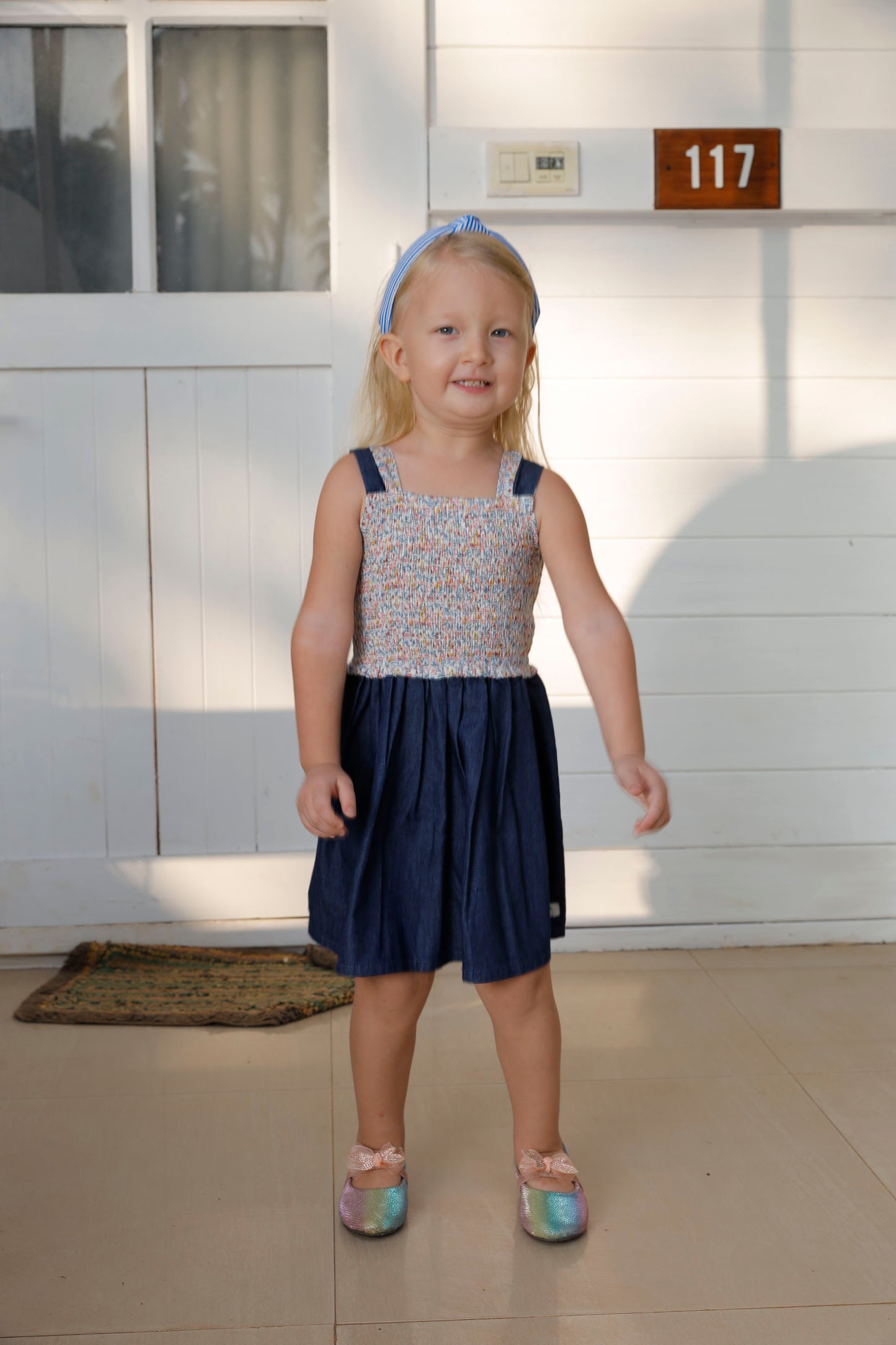 Floral Printed Smocked Yoke Paired With Denim  - White & Blue