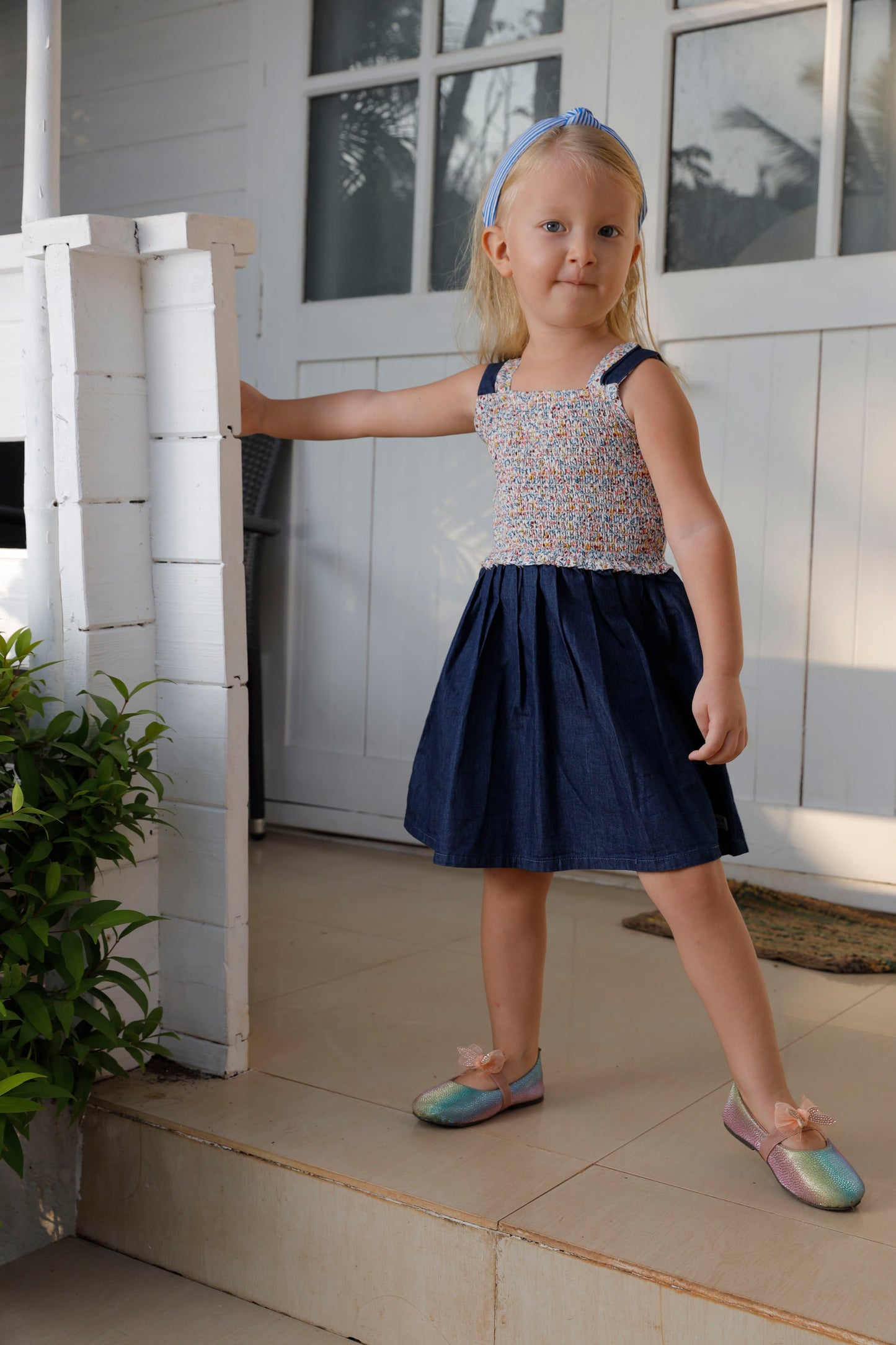 Floral Printed Smocked Yoke Paired With Denim  - White & Blue