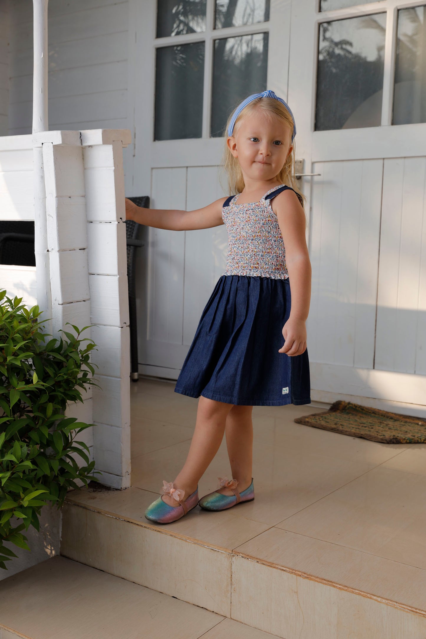 Floral Printed Smocked Yoke Paired With Denim  - White & Blue