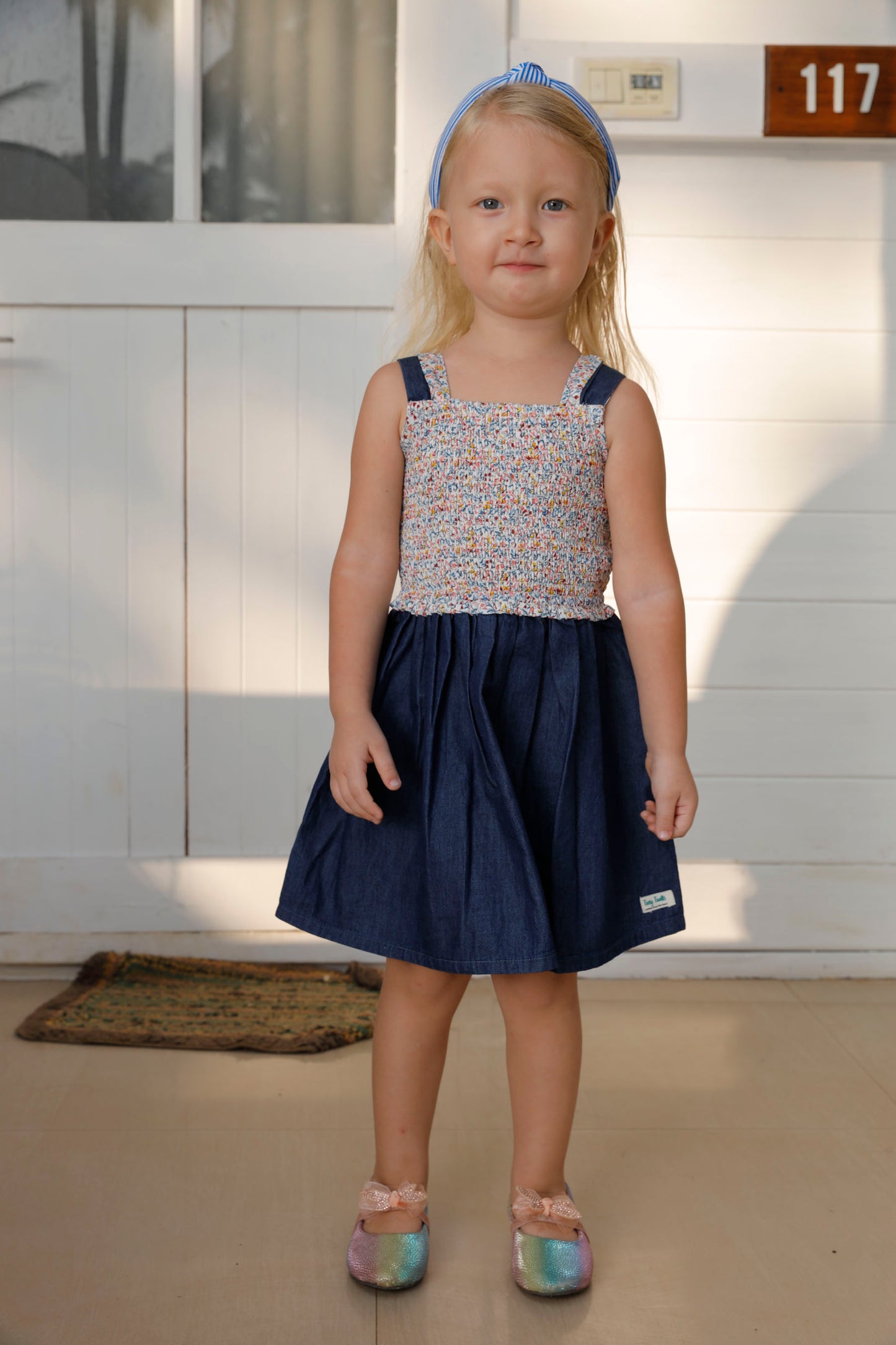 Floral Printed Smocked Yoke Paired With Denim  - White & Blue