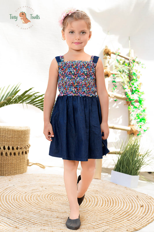 Floral Printed Smocked Yoke Paired With Denim  - Blue