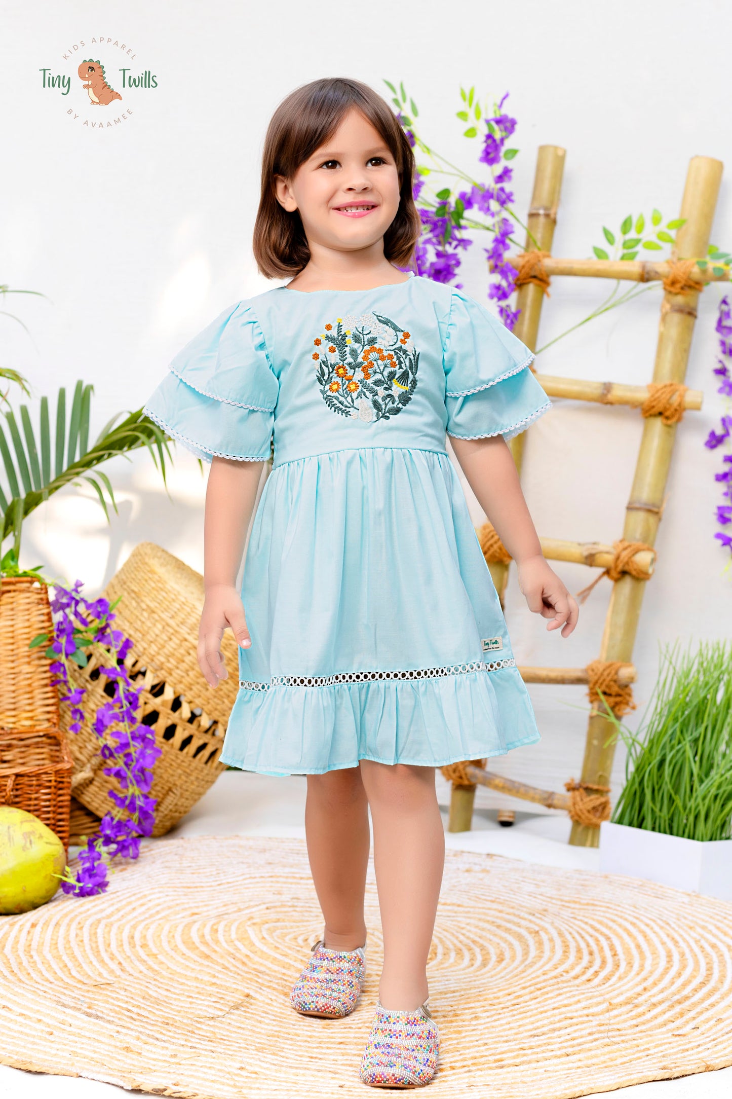 Globe Embroidered Frock With Double Layered Sleeves- Aqua Blue & Green