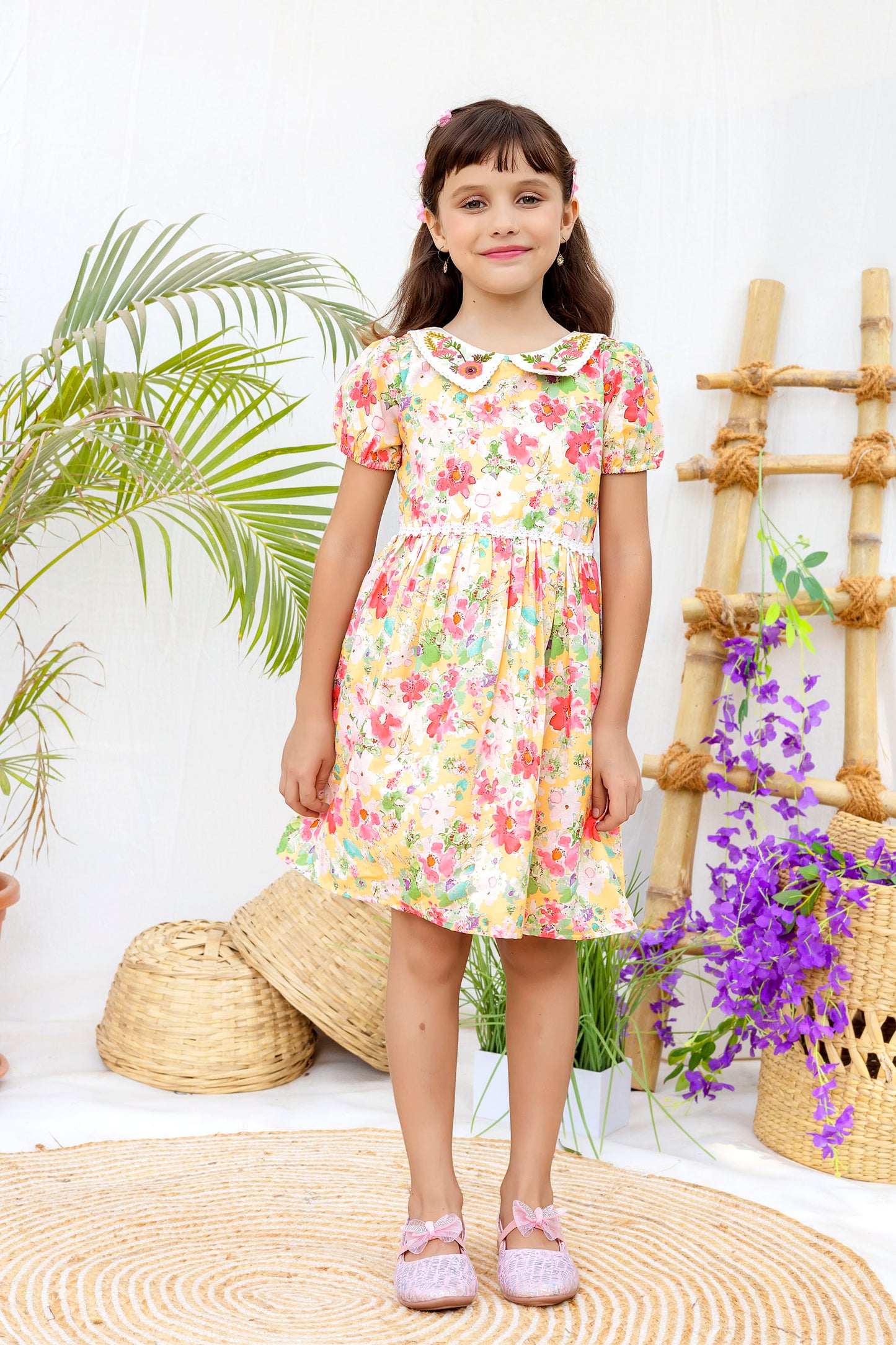 Tiny Twills Floral Printed Frock With Embroidered Collar And Lace On Waist girls frock