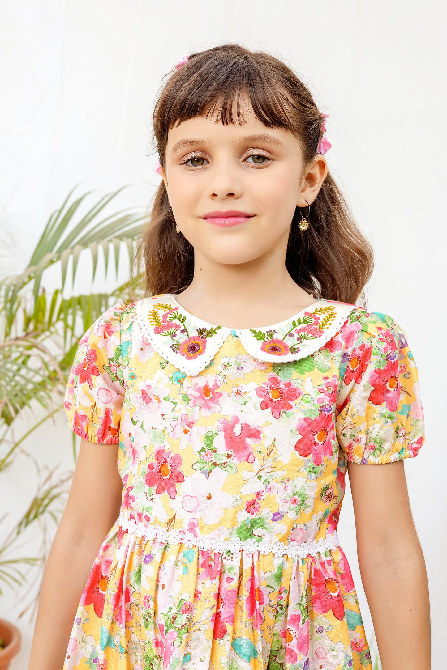 Tiny Twills Floral Printed Frock With Embroidered Collar And Lace On Waist girls frock