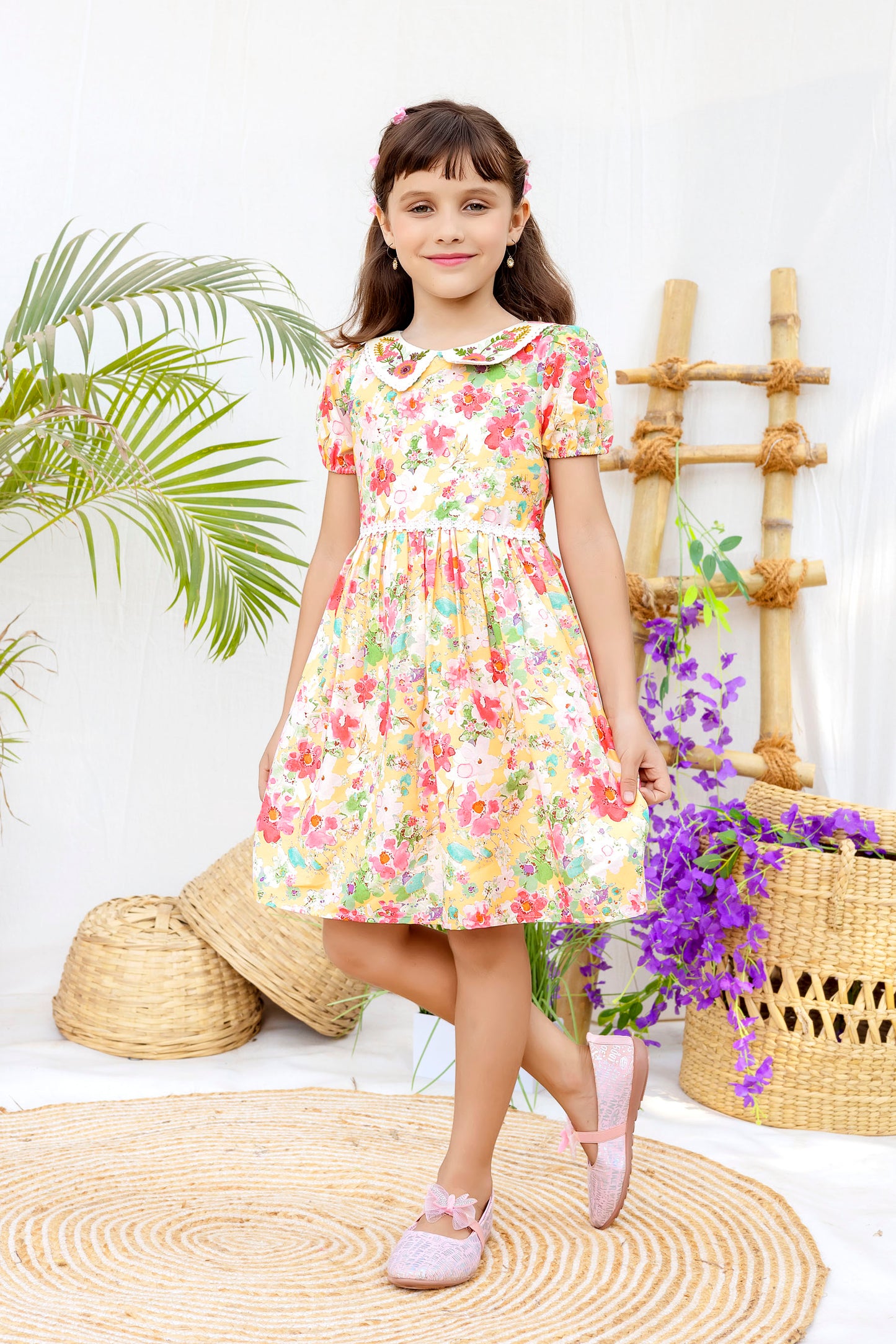 Tiny Twills Floral Printed Frock With Embroidered Collar And Lace On Waist girls frock