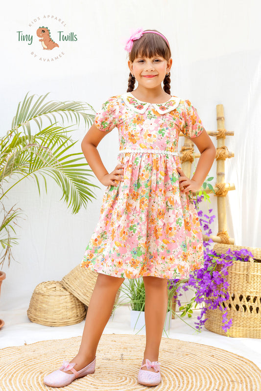 Tiny Twills Floral Printed Frock With Embroidered Collar And Lace On Waist girls frock