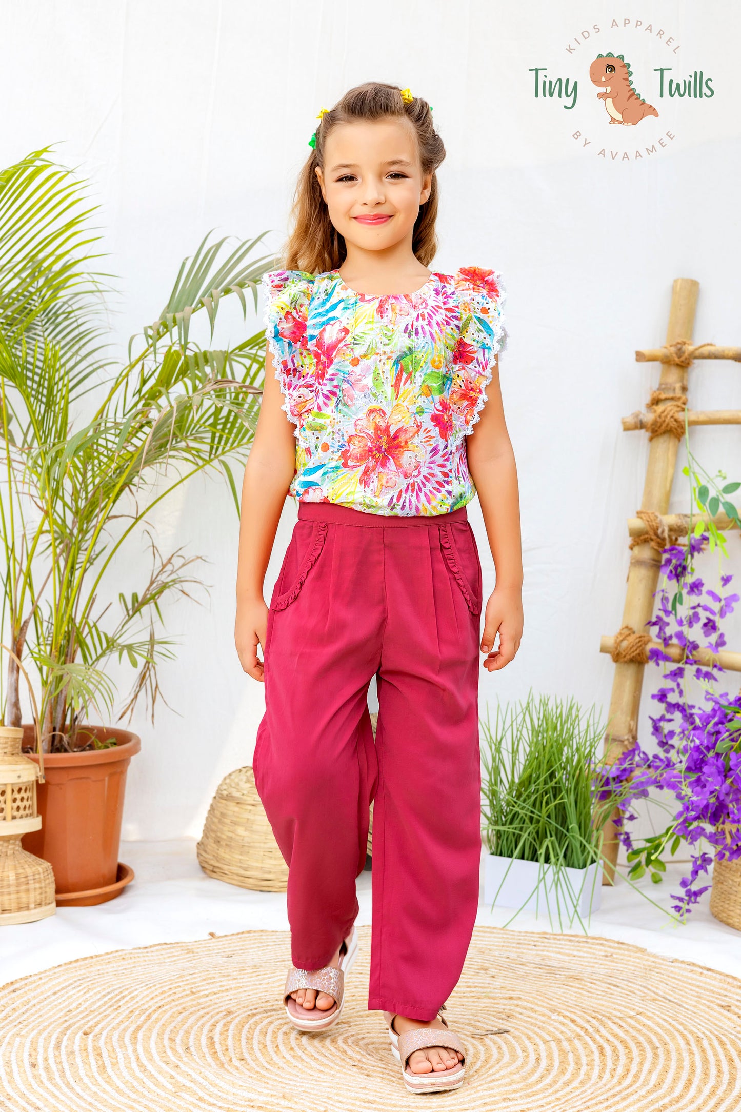 Tiny Twills Flower printed shiffli Pink top with pant