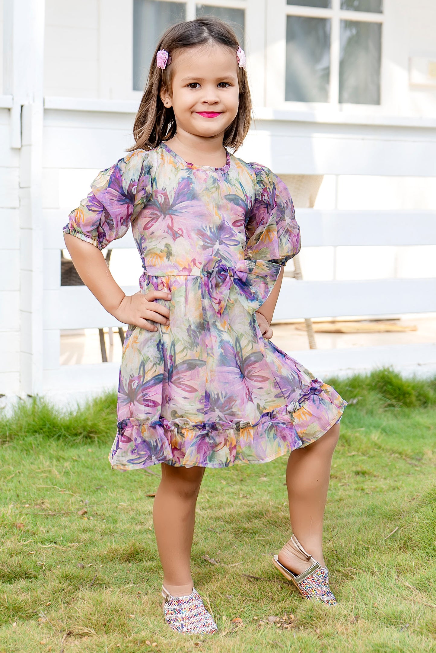 Tiny Twills Organza Frock With Bow Lavender Flower