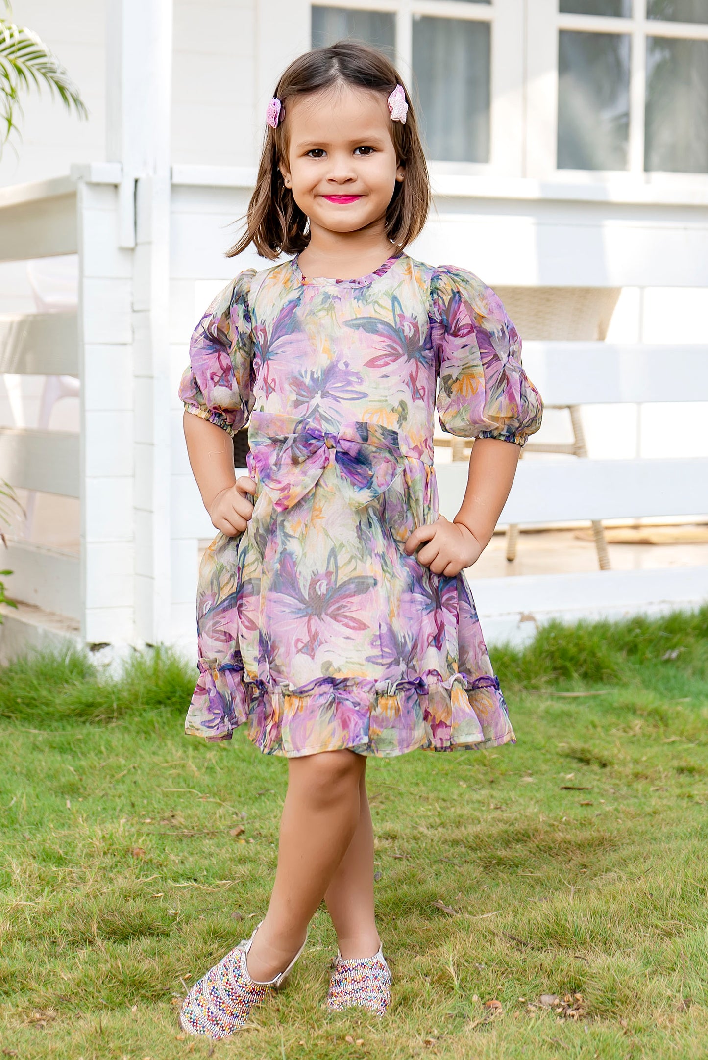 Tiny Twills Organza Frock With Bow Lavender Flower