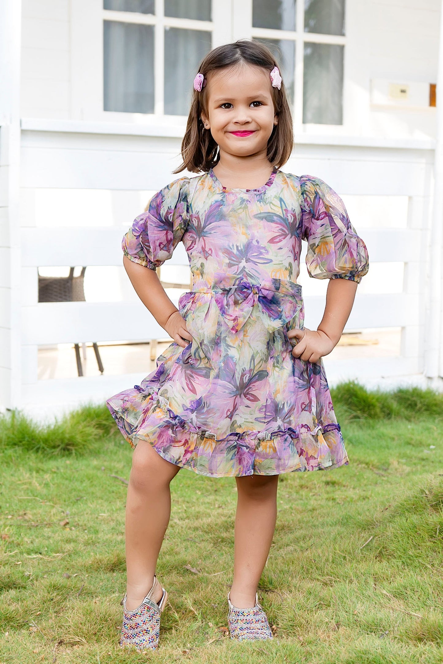 Tiny Twills Organza Frock With Bow Lavender Flower