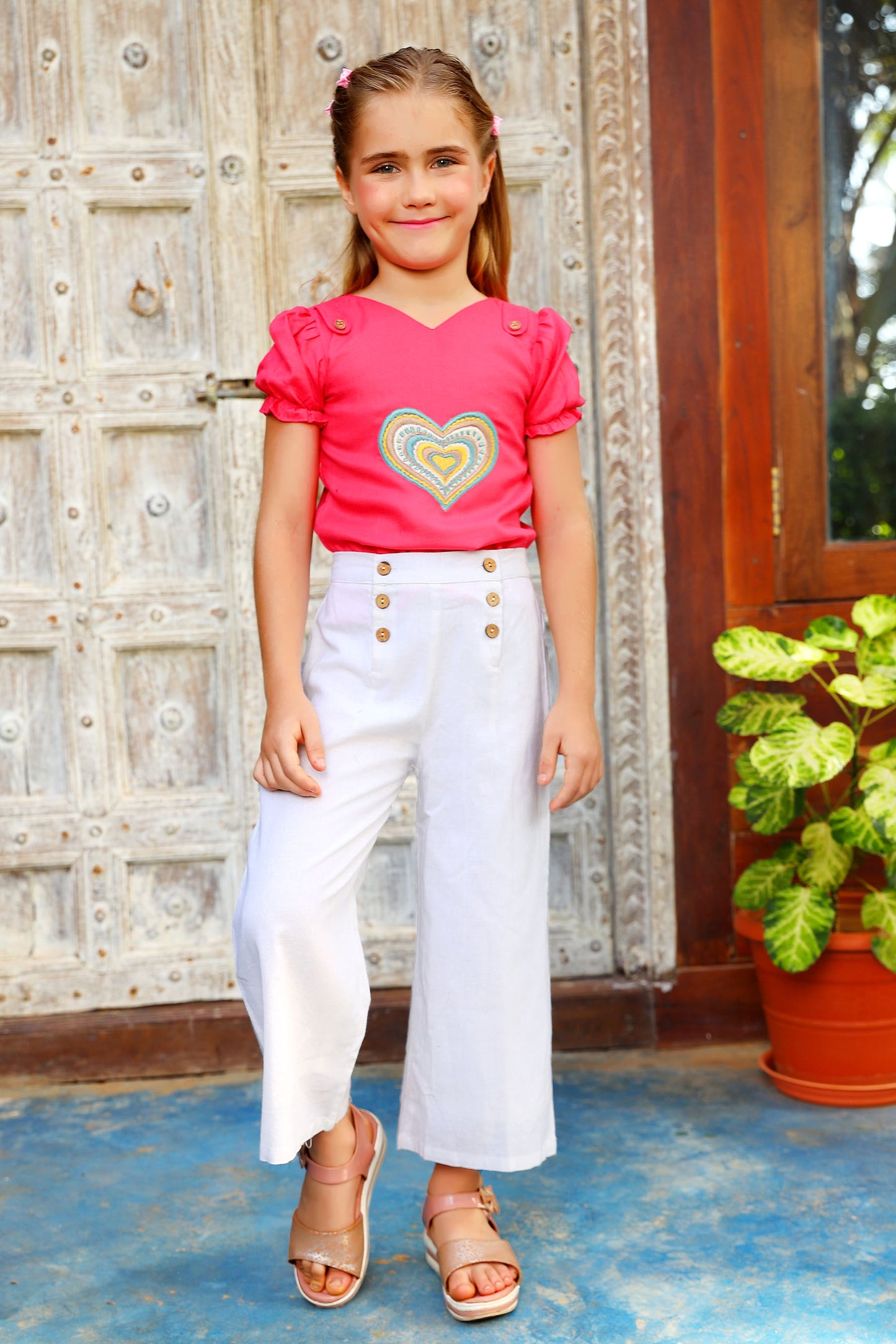 Tiny Twills Heart Embroidered Top with White Pant set