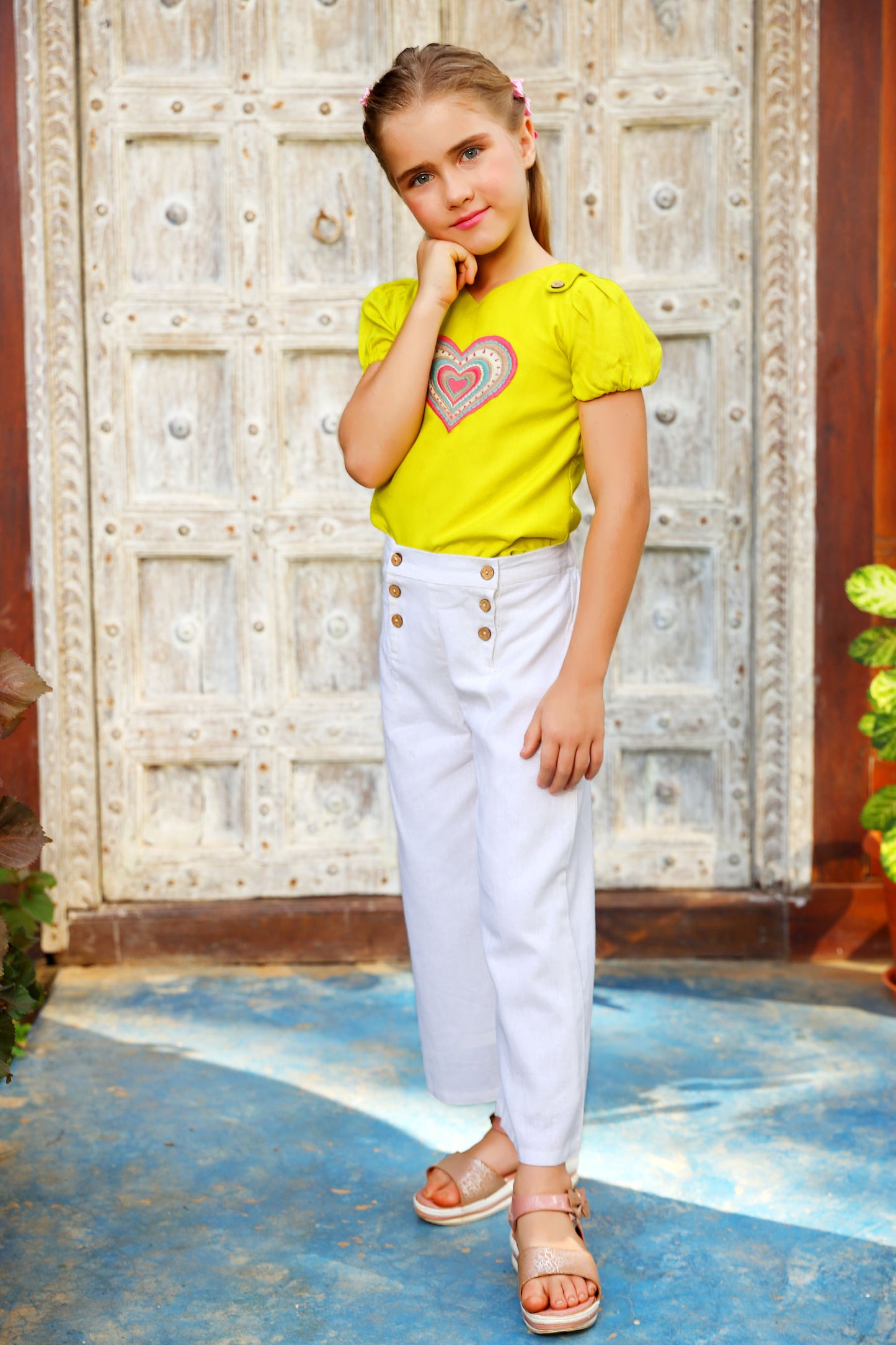 Tiny Twills Heart Embroidered Top with White Pant set