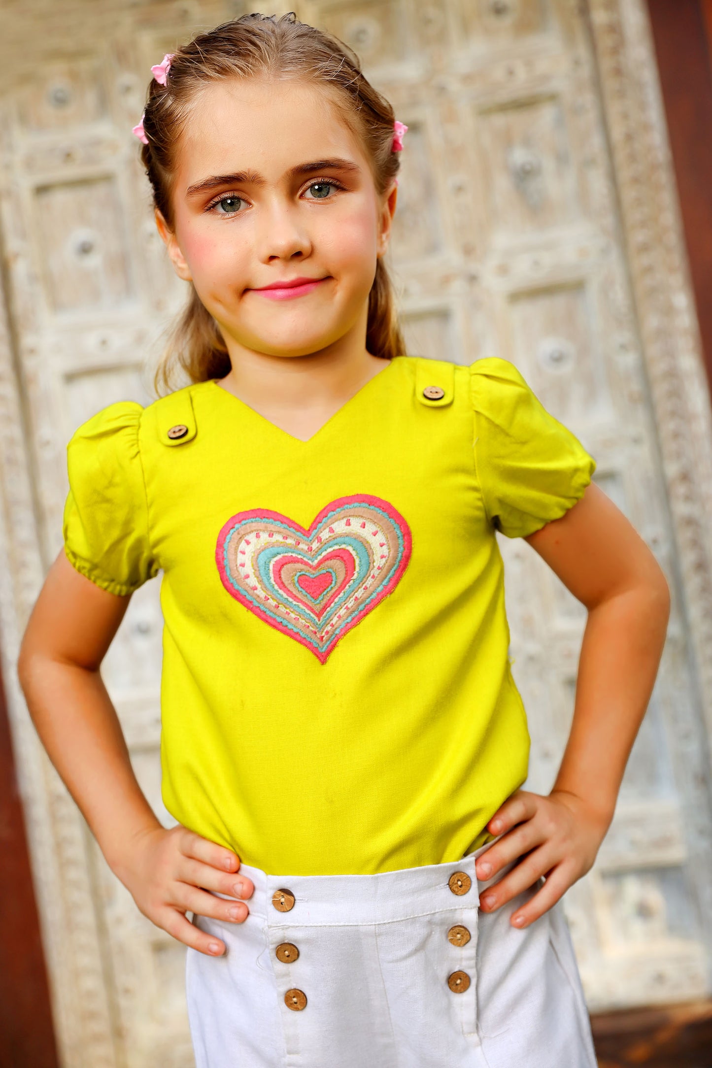 Tiny Twills Heart Embroidered Top with White Pant set