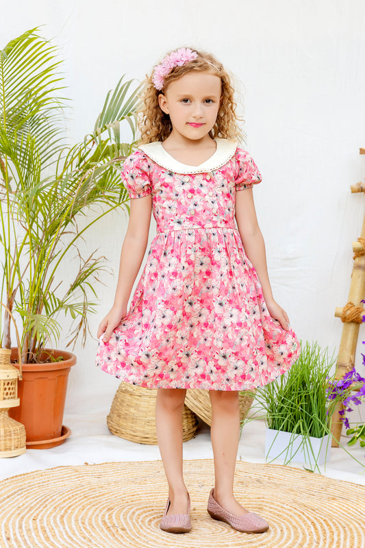 Tiny Twills Aari Work Flower Printed Girls Frock - Mango