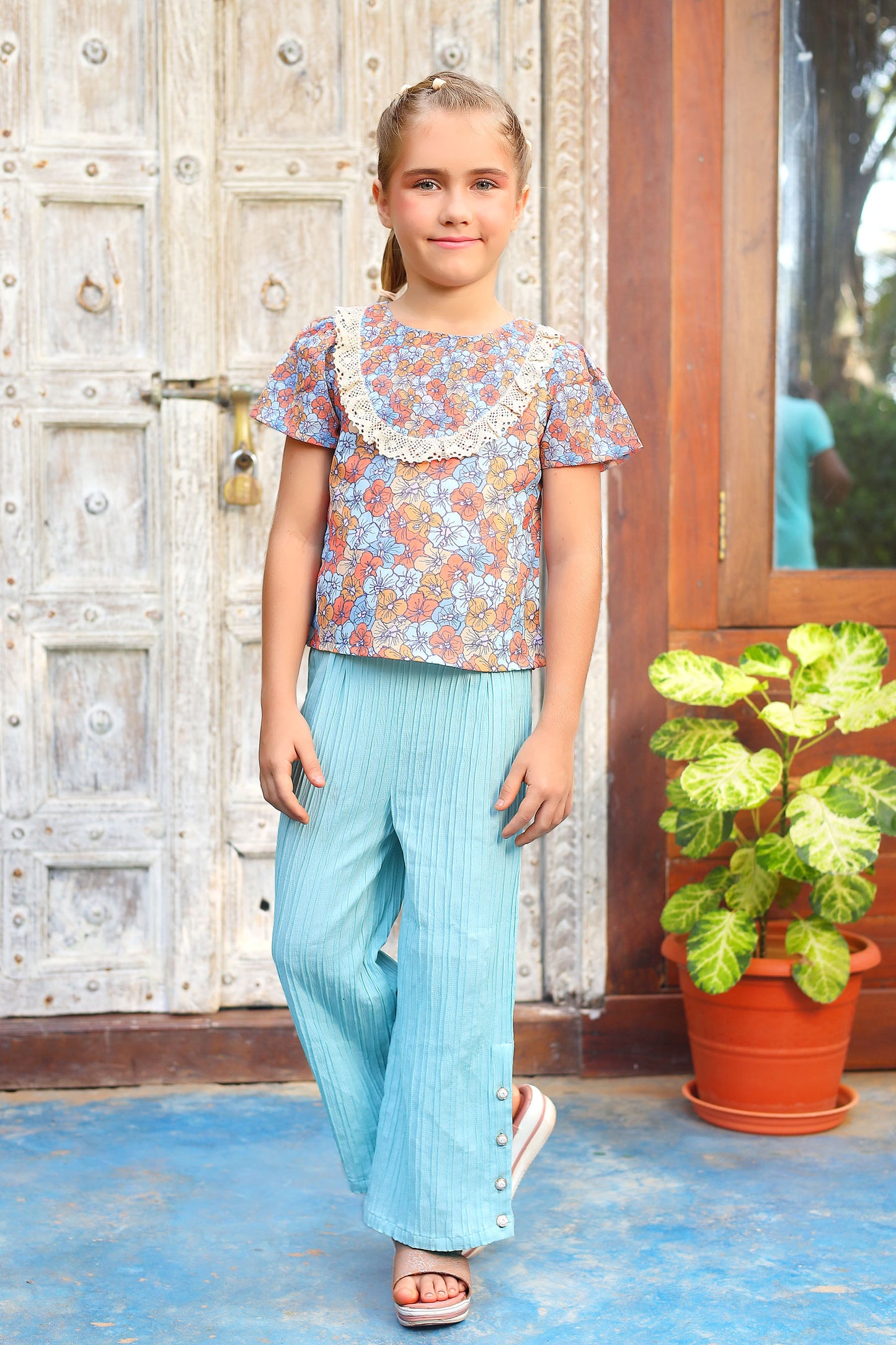 Tiny Twills flower printed Top with Blue Pant set