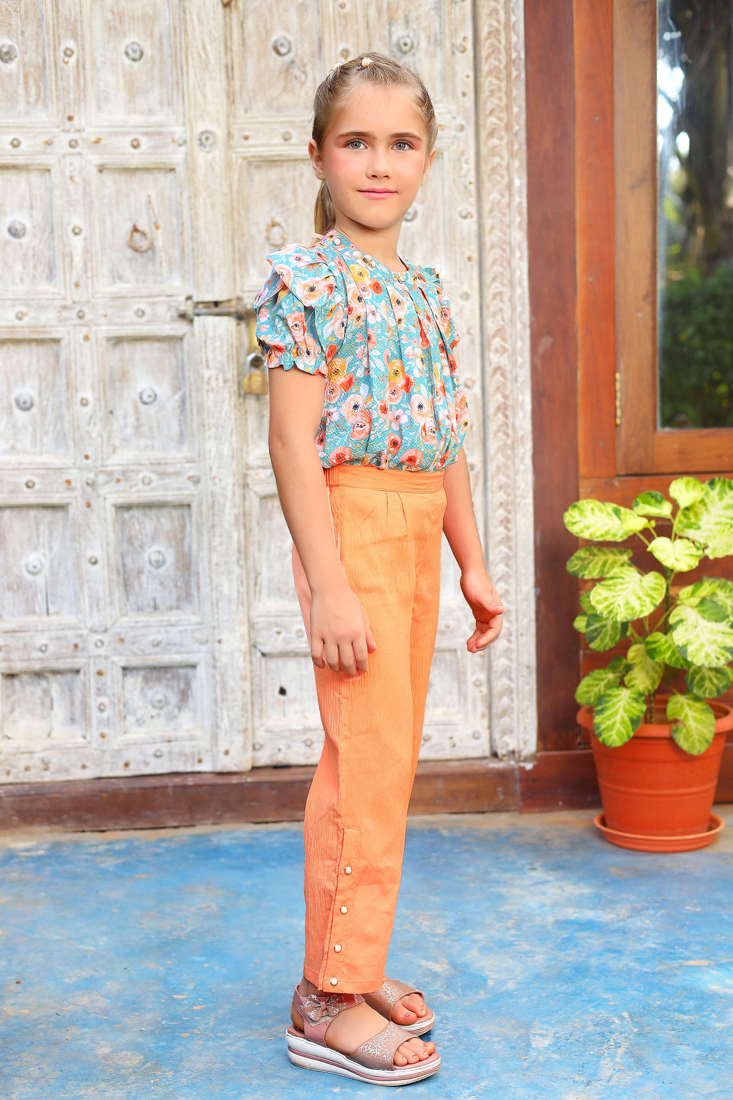 Tiny TwillsPrinted Teal Blue Top with Orange Pant set