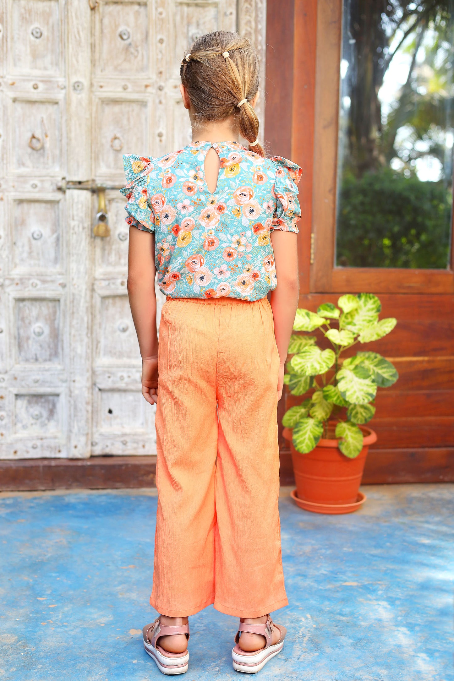 Tiny TwillsPrinted Teal Blue Top with Orange Pant set