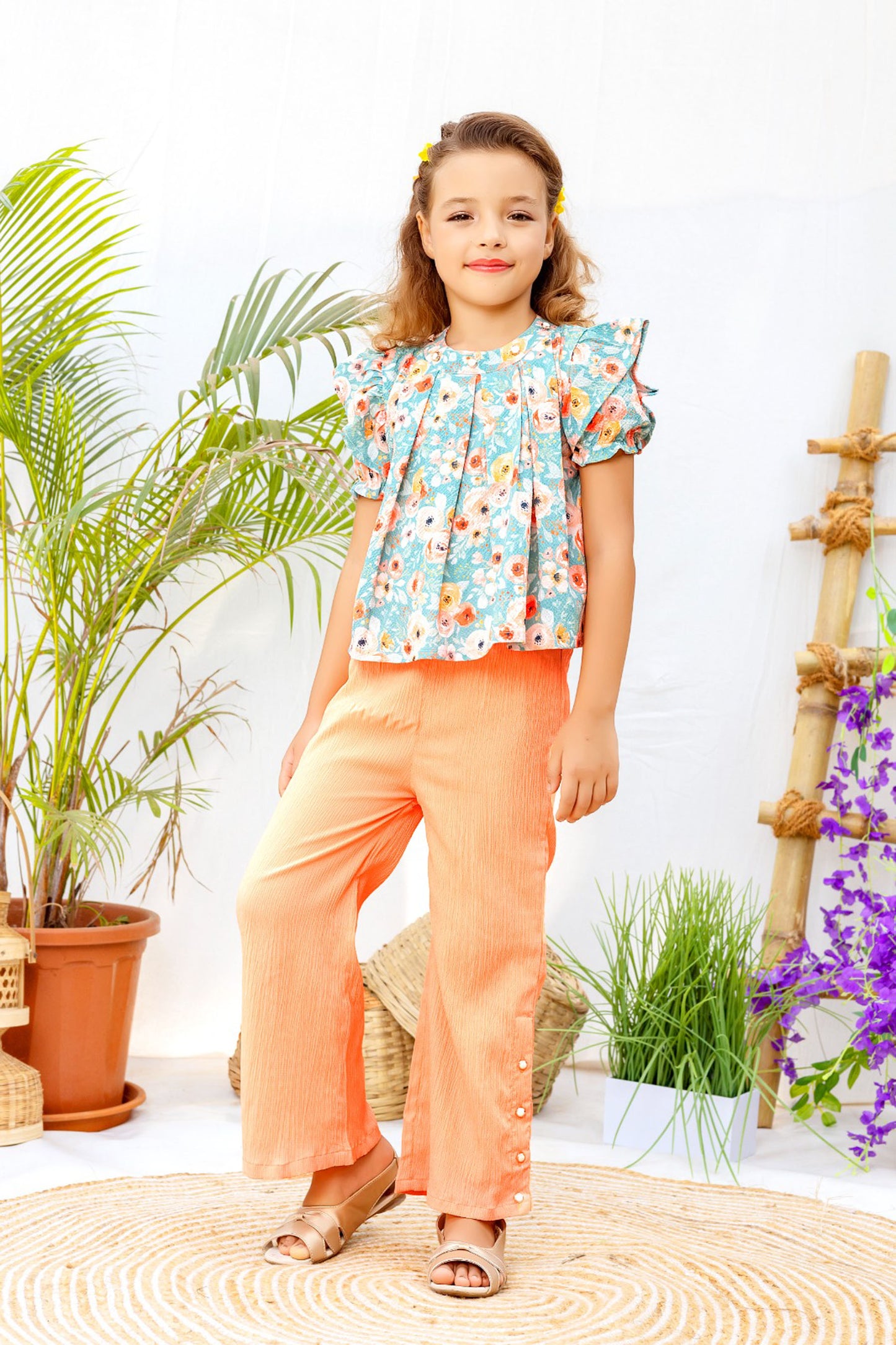 Tiny TwillsPrinted Teal Blue Top with Orange Pant set