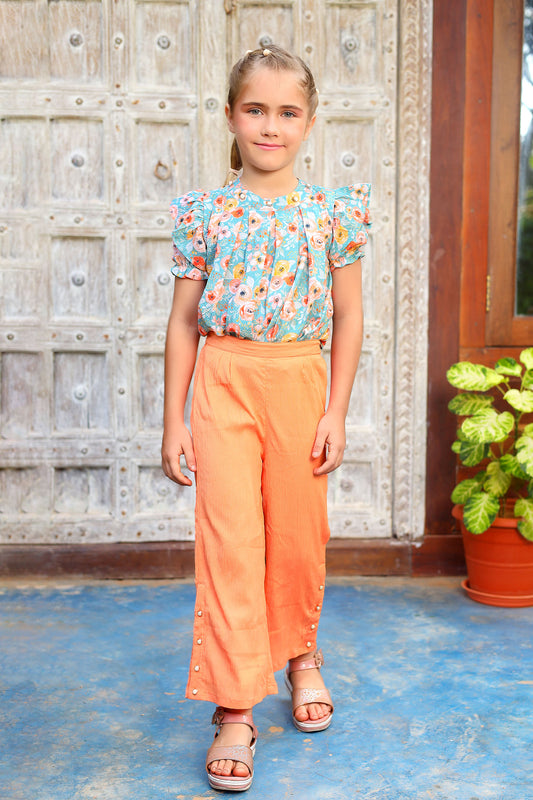 Tiny TwillsPrinted Teal Blue Top with Orange Pant set