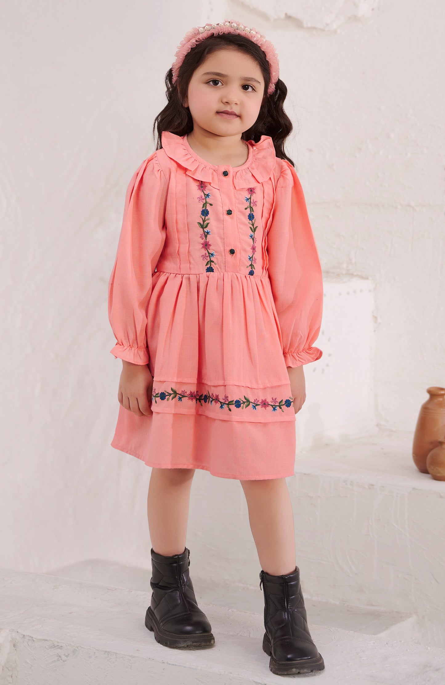 TINY TWILLS  LINEN FLORAL EMBROIDERED FIT & FLARED DRESS