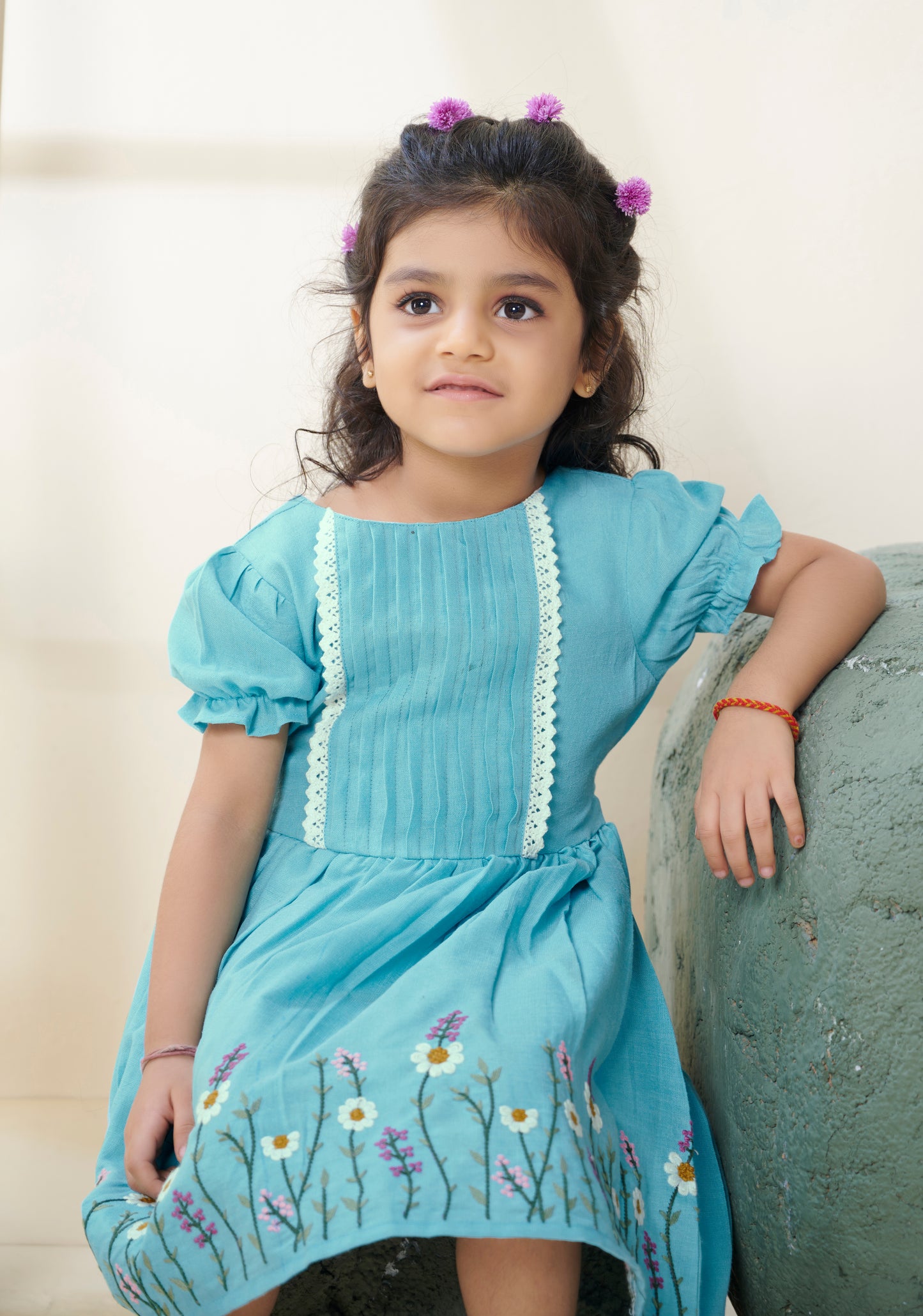 TINY TWILLS LINEN FIT & FLARED EMBROIDERED  DRESS