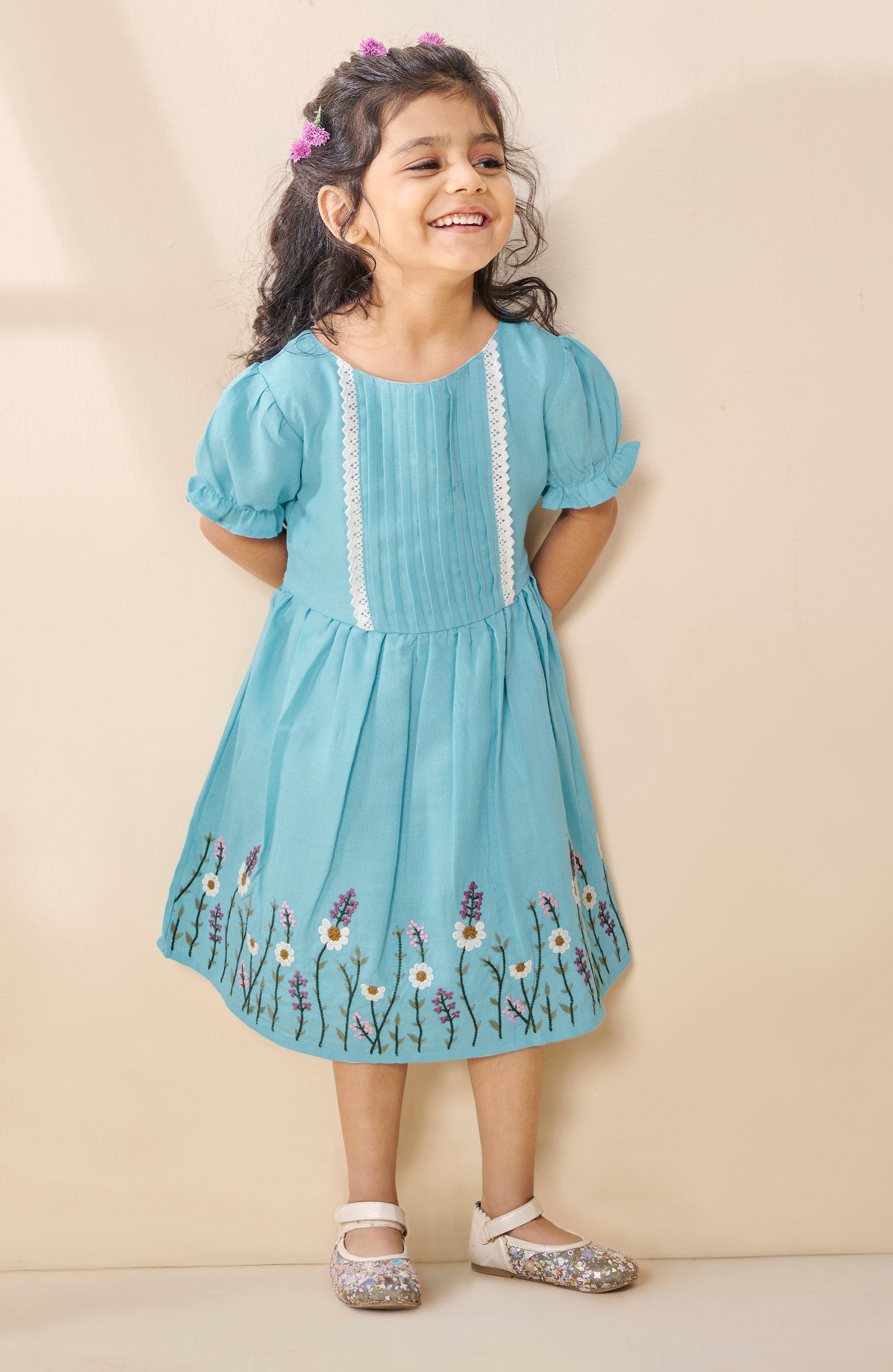 TINY TWILLS LINEN FIT & FLARED EMBROIDERED  DRESS