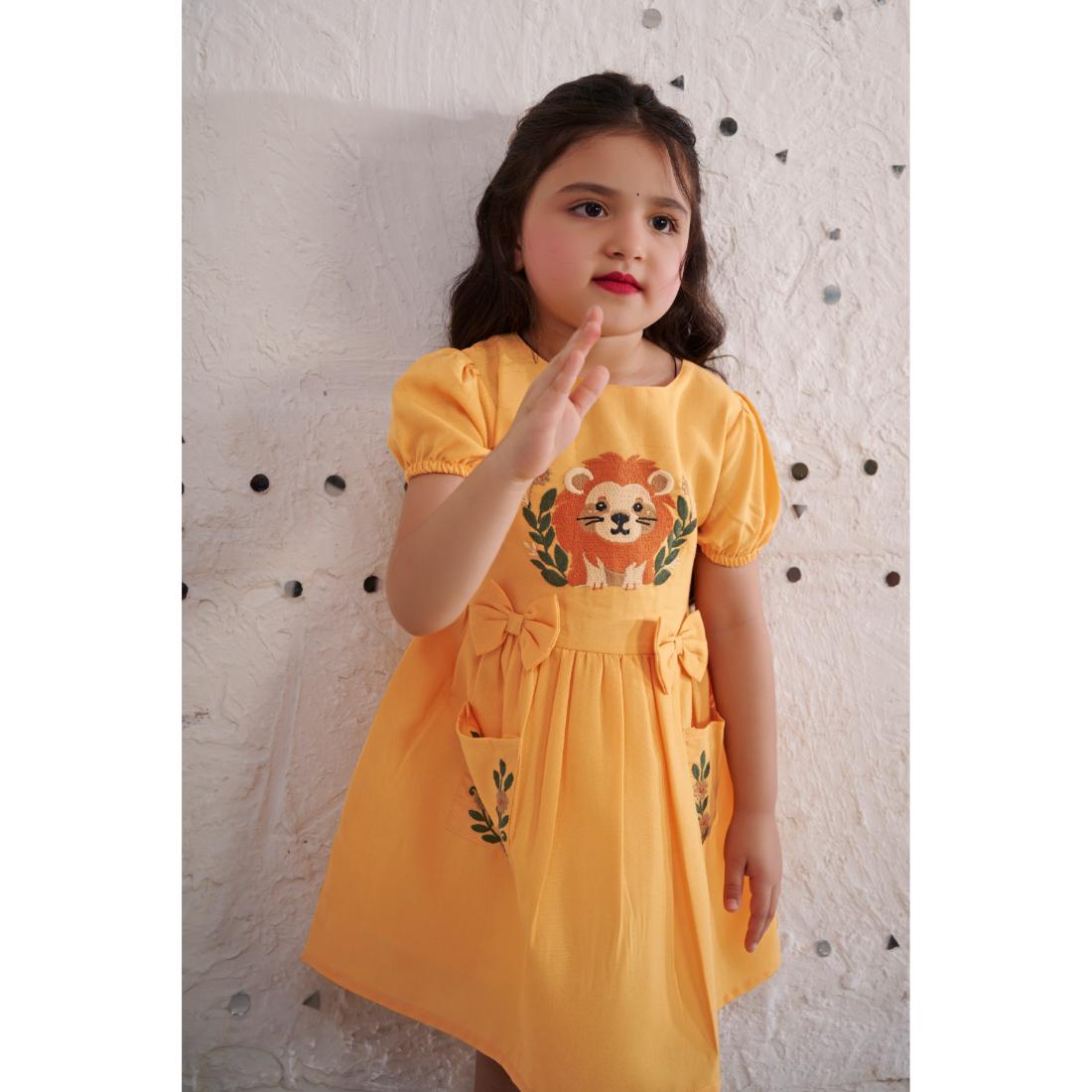 TINY TWILLS LION EMBROIDERED FIT & FLARED DRESS