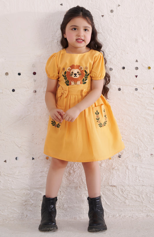 Tiny Twills Linen Lion Embroidered With Two Bows On Waist Fit & Flared Dress