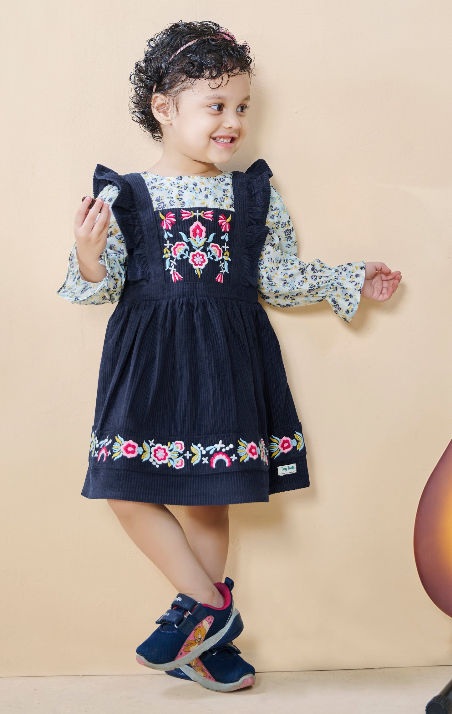 TINY TWILLS NAVY BLUE CORDROUY EMBROIDERED FROCK