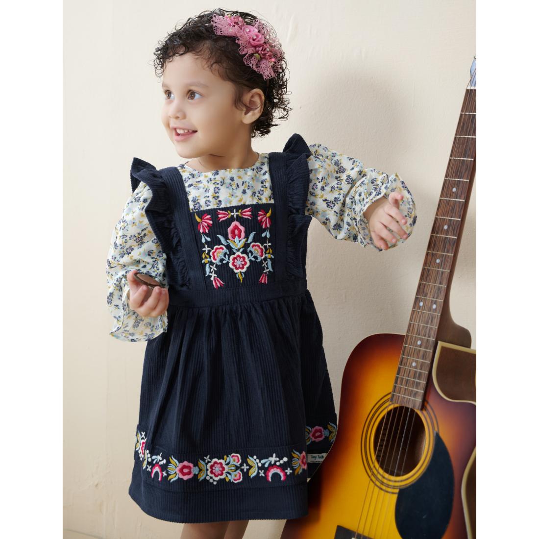 TINY TWILLS NAVY BLUE CORDROUY EMBROIDERED FROCK