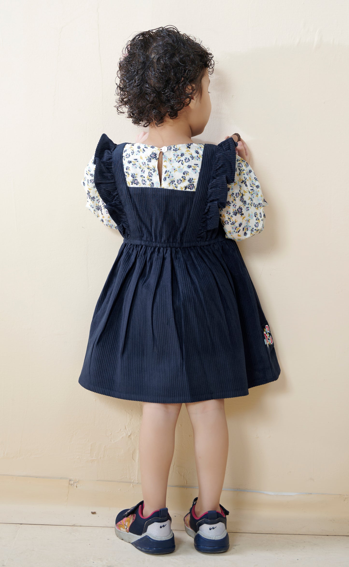 TINY TWILLS NAVY BLUE CORDROUY EMBROIDERED FROCK