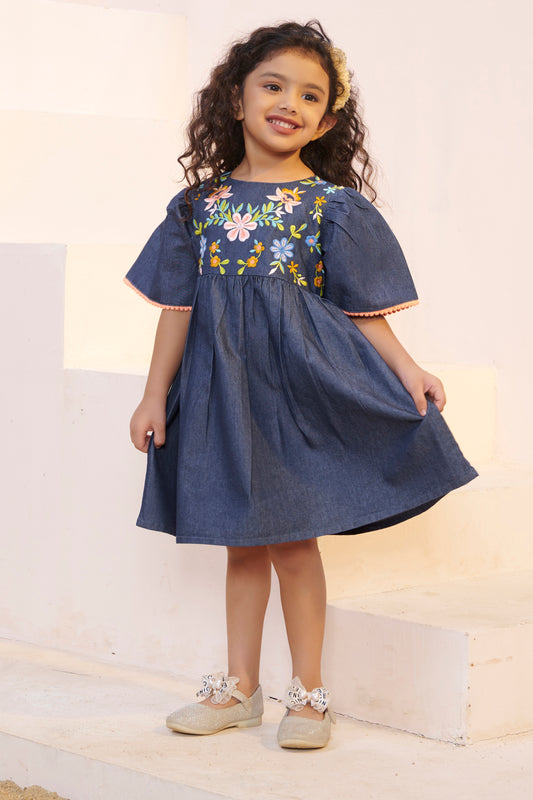 TINY TWILLS DENIM FLORAL EMBROIDERED FROCK WITH FLARED SLEEVE