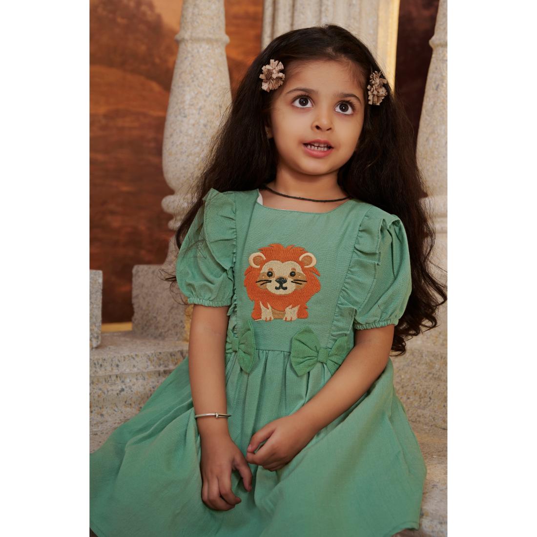 TINY TWILLS  LION EMBROIDERED FROCK WITH FRILLING